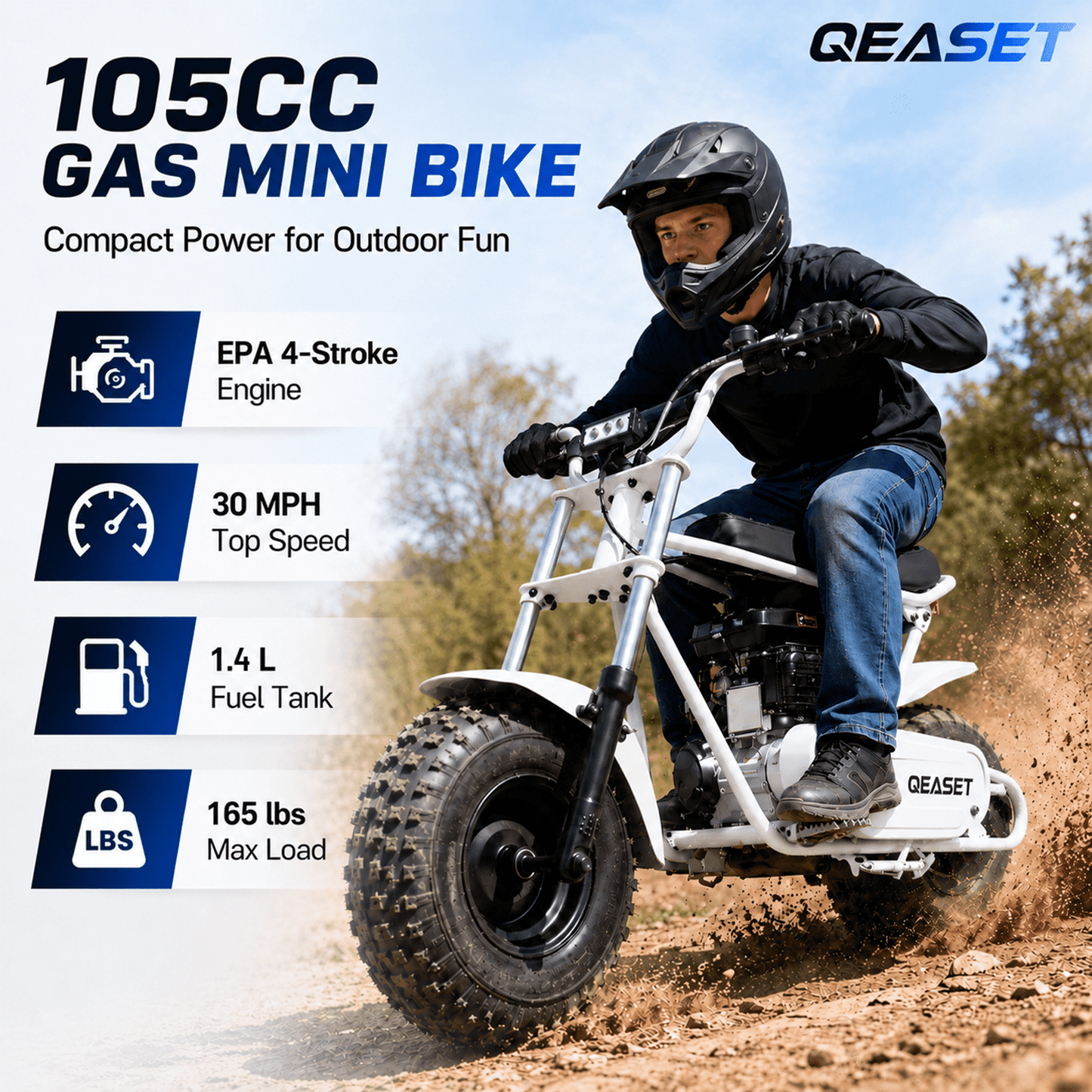 QEASET 105CC 4-Stroke Mini Bike with Shock Absorption, Off-Road Motorcycle, White