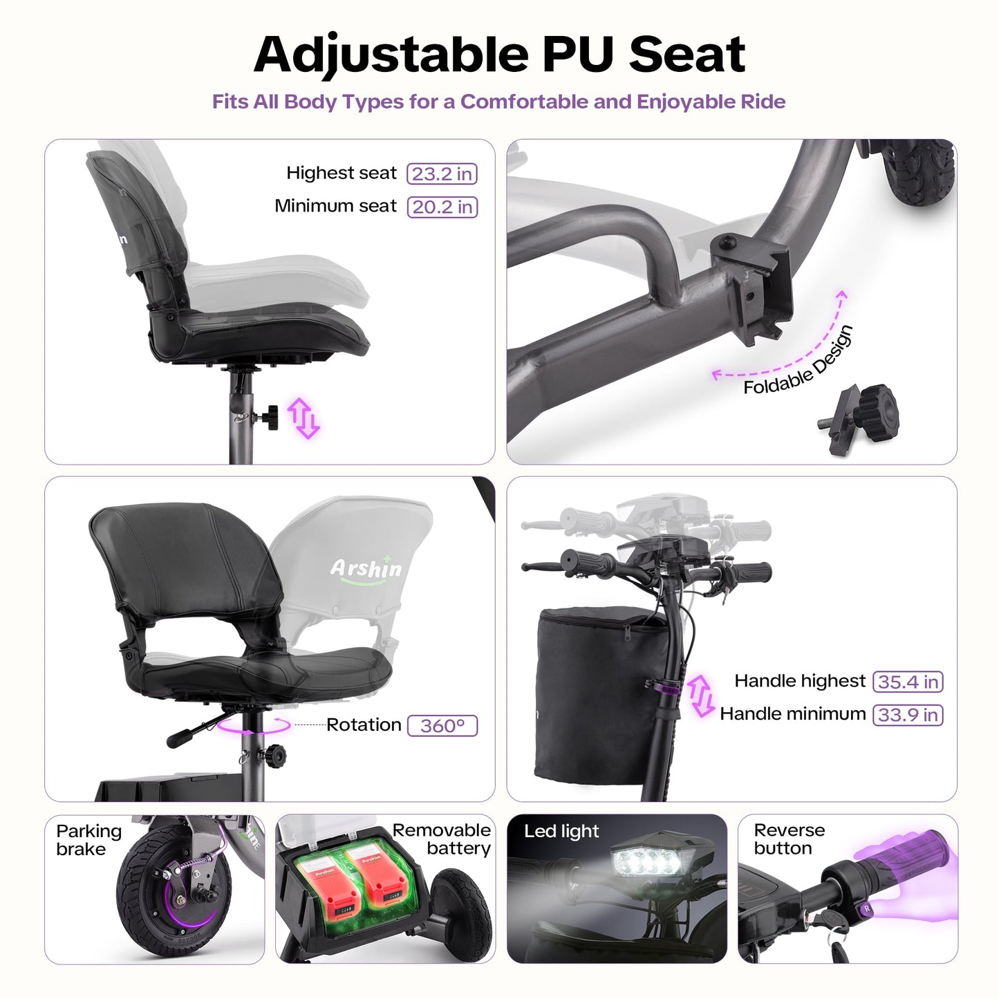 Upgrade Mobility Scooter Lightweight Foldable,All Terrain Mobility Scooters for Seniors & Adults,Arshin 300lbs Mobility Aids for Elderly,2 Batteries,Variable Speed(Gunmetal)