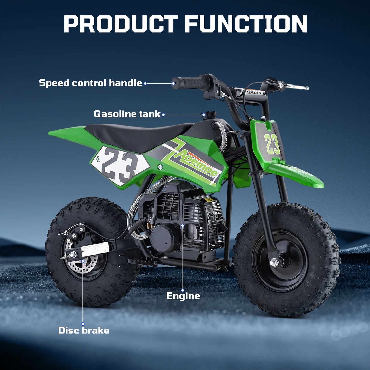 Aoemoe 49cc Kids Dirt Bike Gas Powered, Mini Off-Road Motorcycle with Suspension & Disc Brakes, 18 Mph, 160 Lbs Capacity, Green