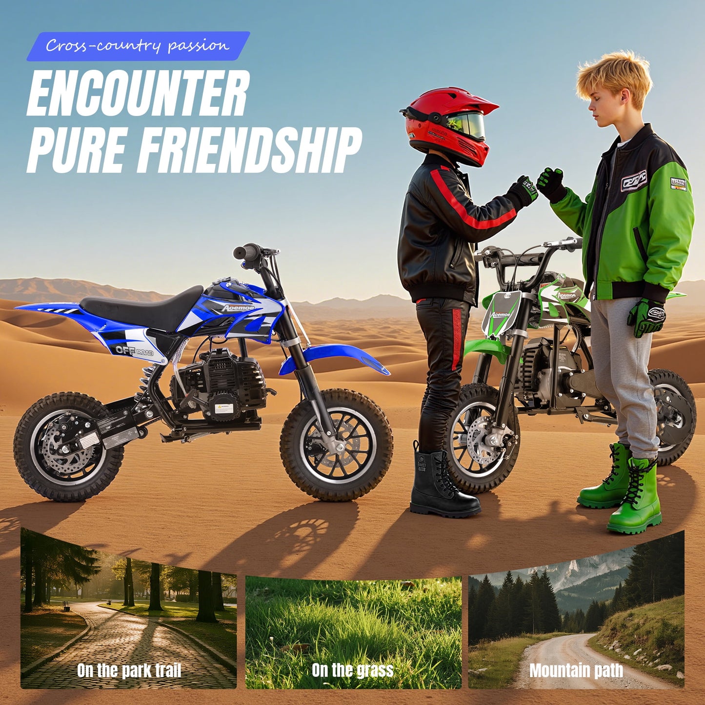 Aoemoe 49cc 2-Stroke Gas Mini Dirt Bike, Off-Road Tires & Disc Brakes, 20mph/160lb, Blue