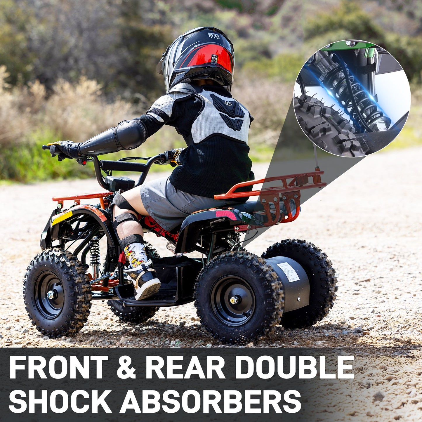 36V Electric 500W Motor 4‑Wheeler with Dual Shock Absorber Suspension, IVFJFV 4‑wheel Off‑Road Tires & Anti‑Collision Safety Flag for Age 8‑14 for Backyard Leisure & Rough Ground Trips,Orange