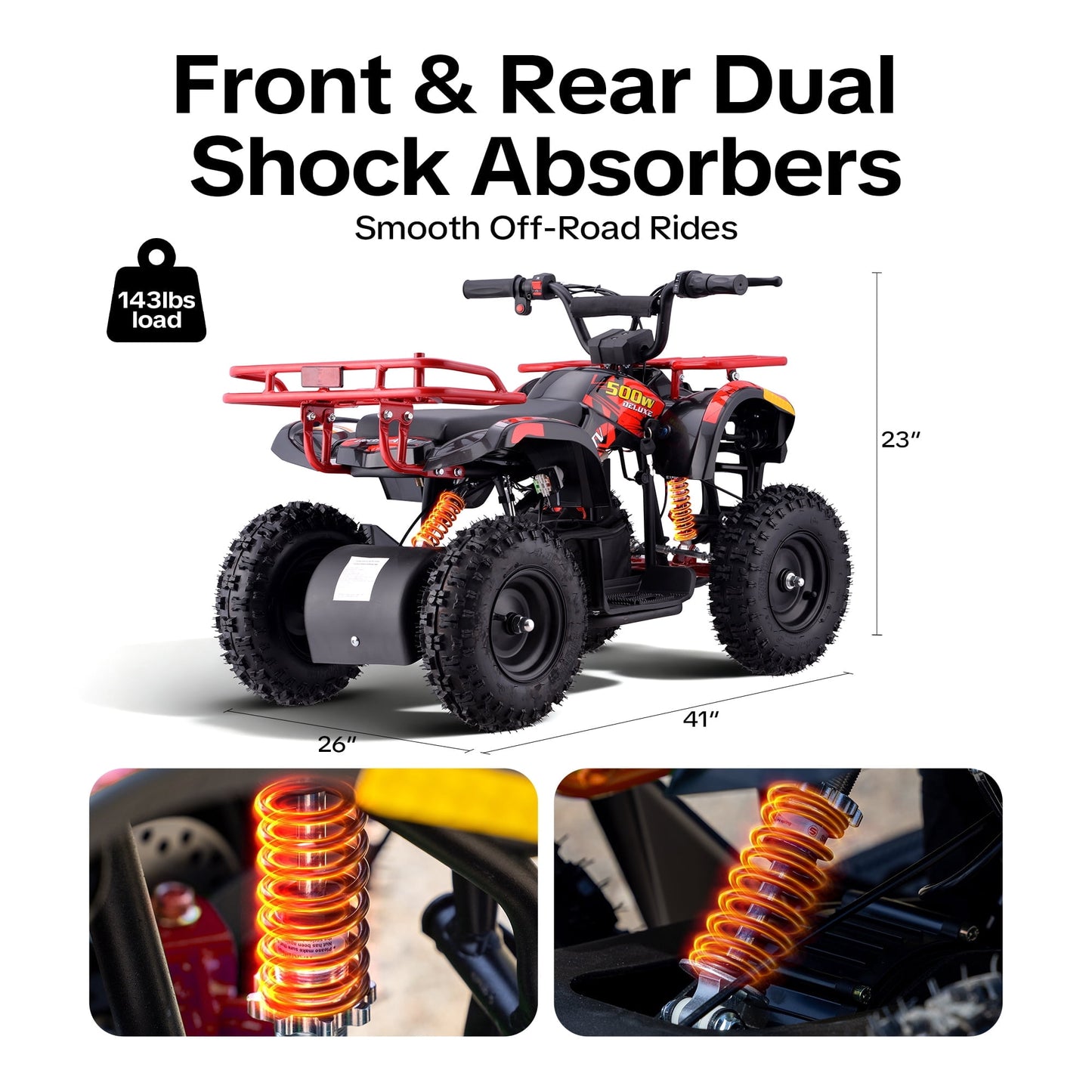 36V Electric 500W Motor 4‑Wheeler with Front & Rear Suspension, IVFJFV Electric 4‑wheel Off‑Road Deep‑Tread Tires & Safety Warning Flag & Bright LED Headlights,Orange