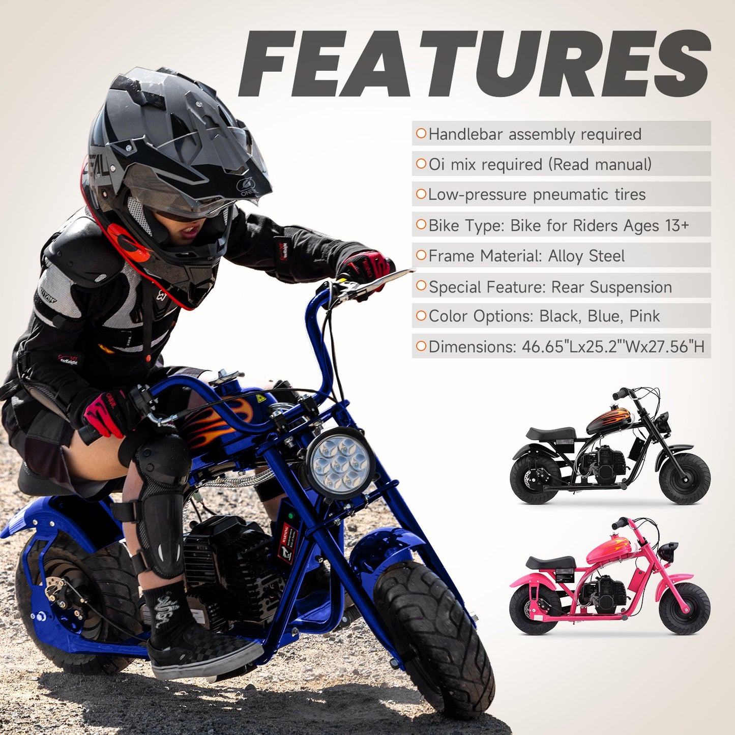 Arshin Gas Dirt Bike,20 MPH Mini Pit Bike with Off-Road Tires & Disc Brakes,Soft Spring Seat,160 Lbs Max Load(Blue)