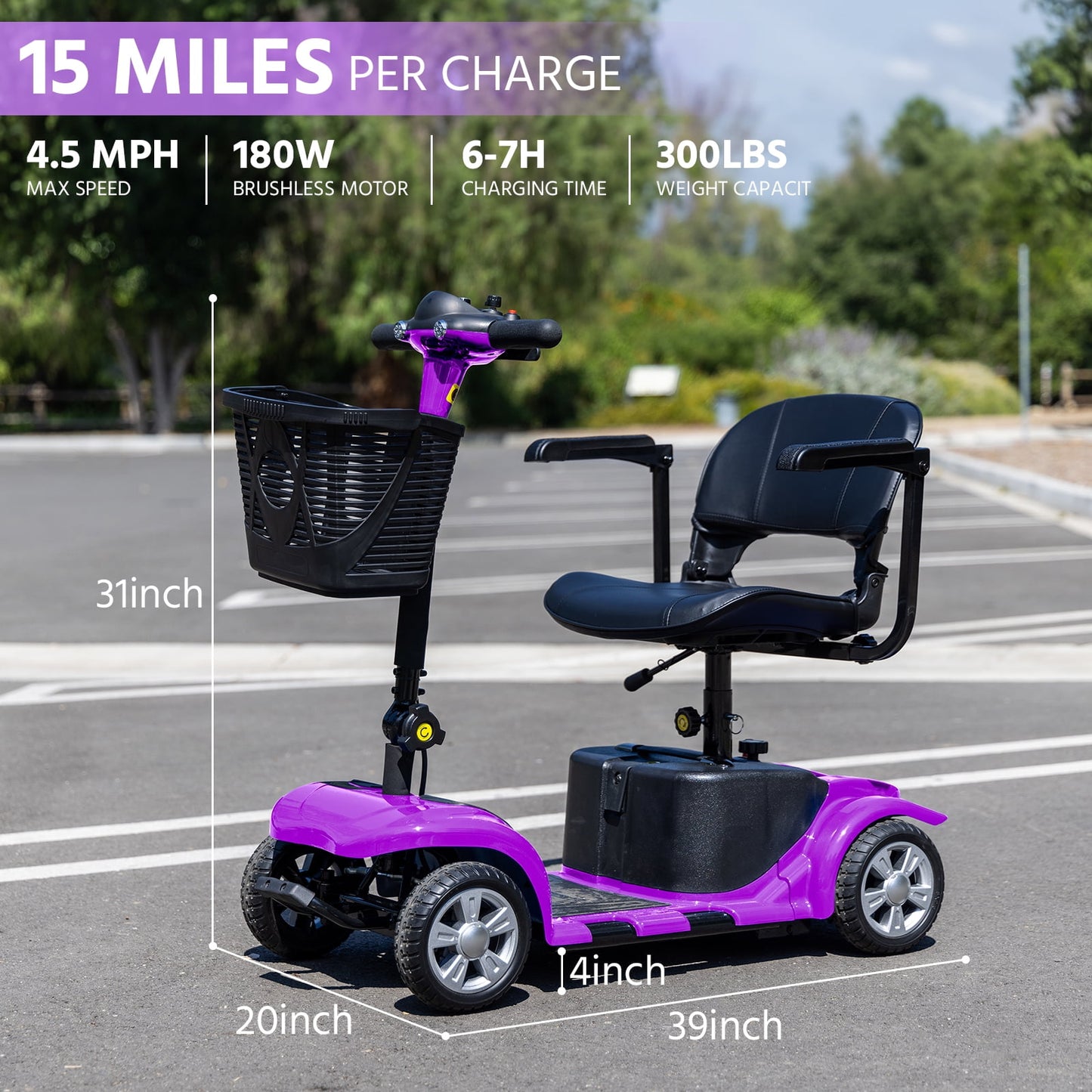 Arshin 4 Wheels Mobility Scooter with USB Port for Seniors,Electric Folding Wheelchair Device for Travel,Purple