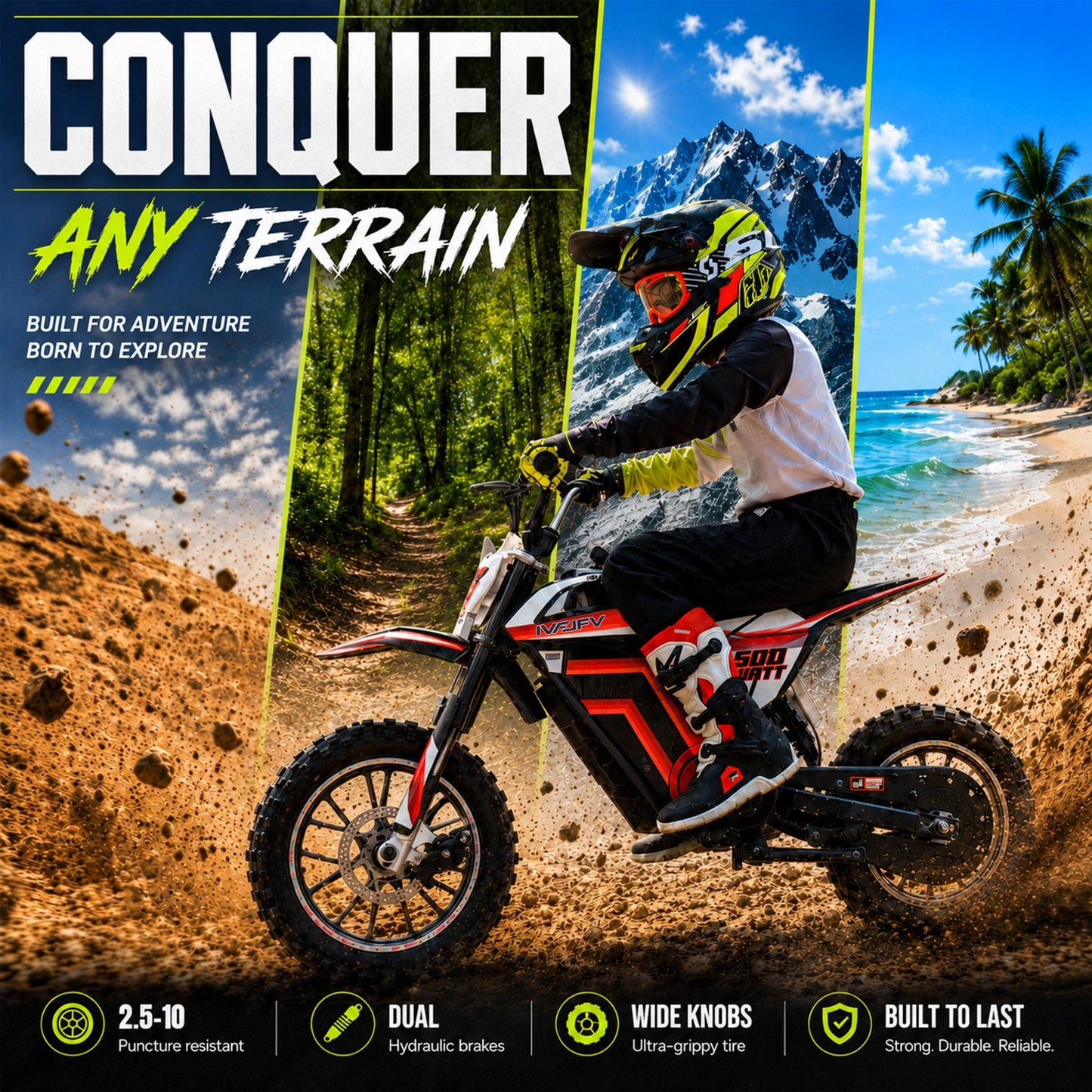 IVFJFV 500W Electric Dirt Bike for Kids,Up to 17.4MPH & 23.6 Miles,Two Speed Modes, Front & Rear Suspension,Mechanical Disc Brakes, 165 LBS,Beginner-Friendly Handle, All-Terrain,RED