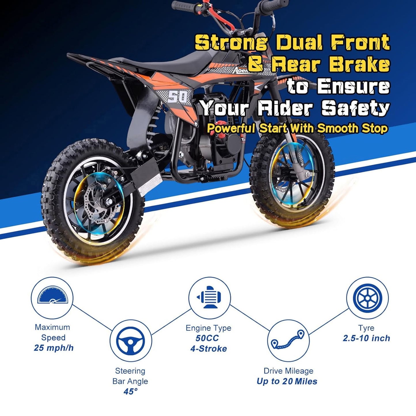 Aoemoe 39cc 4-Stroke Kids Mini Dirt Bike, Gas Powered, Rear Suspension & Disc Brakes, 20Mph/165Lbs,Orange