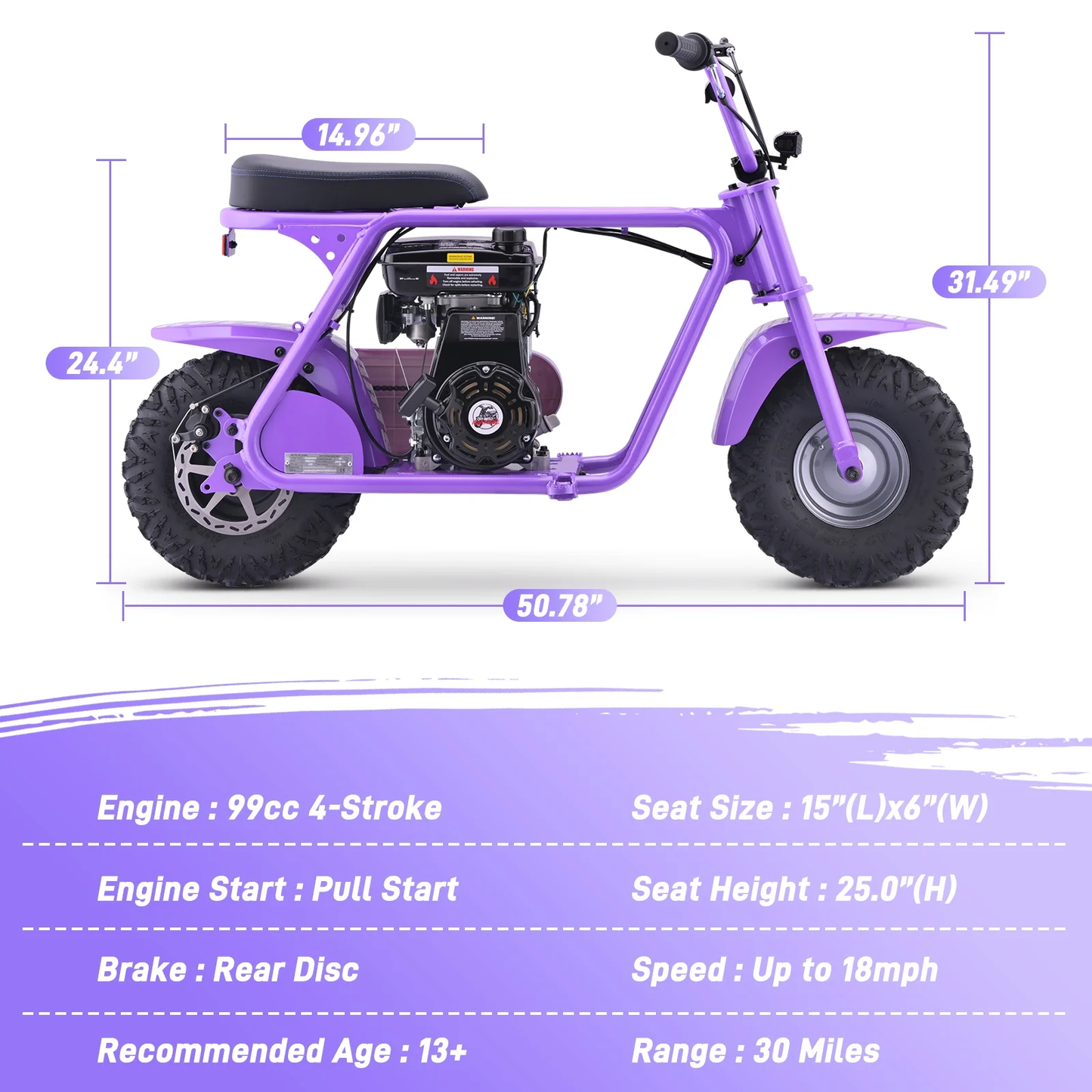Aoemoe MB001 Gasoline Mini Dirt Bike,4-Stroke 18MPH Off Road Motorcycle, Weight Support Up to 165 LBS - Purple