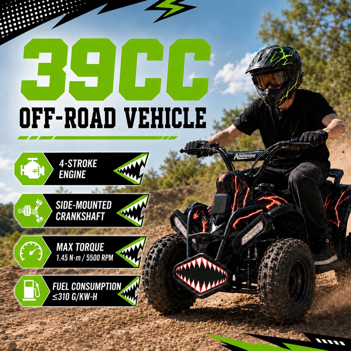 40cc Teen Gas ATV, Gas Powered 4 Wheeler for Teens 13+, 4-Stroke Beginner ATV, Up to 15 MPH, Adjustable Speed, Safety Switches, Front & Rear Brakes - Red