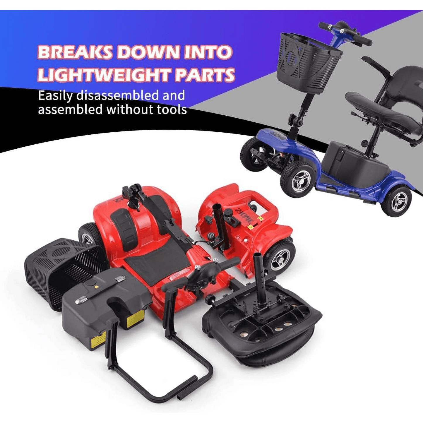 4 Wheels Mobility Scooter for Adults, Senior Electric Powered Chargeable Device for Travel, Lightweight and Portable, with LED Headlights and Basket, Charger Included (Purple)