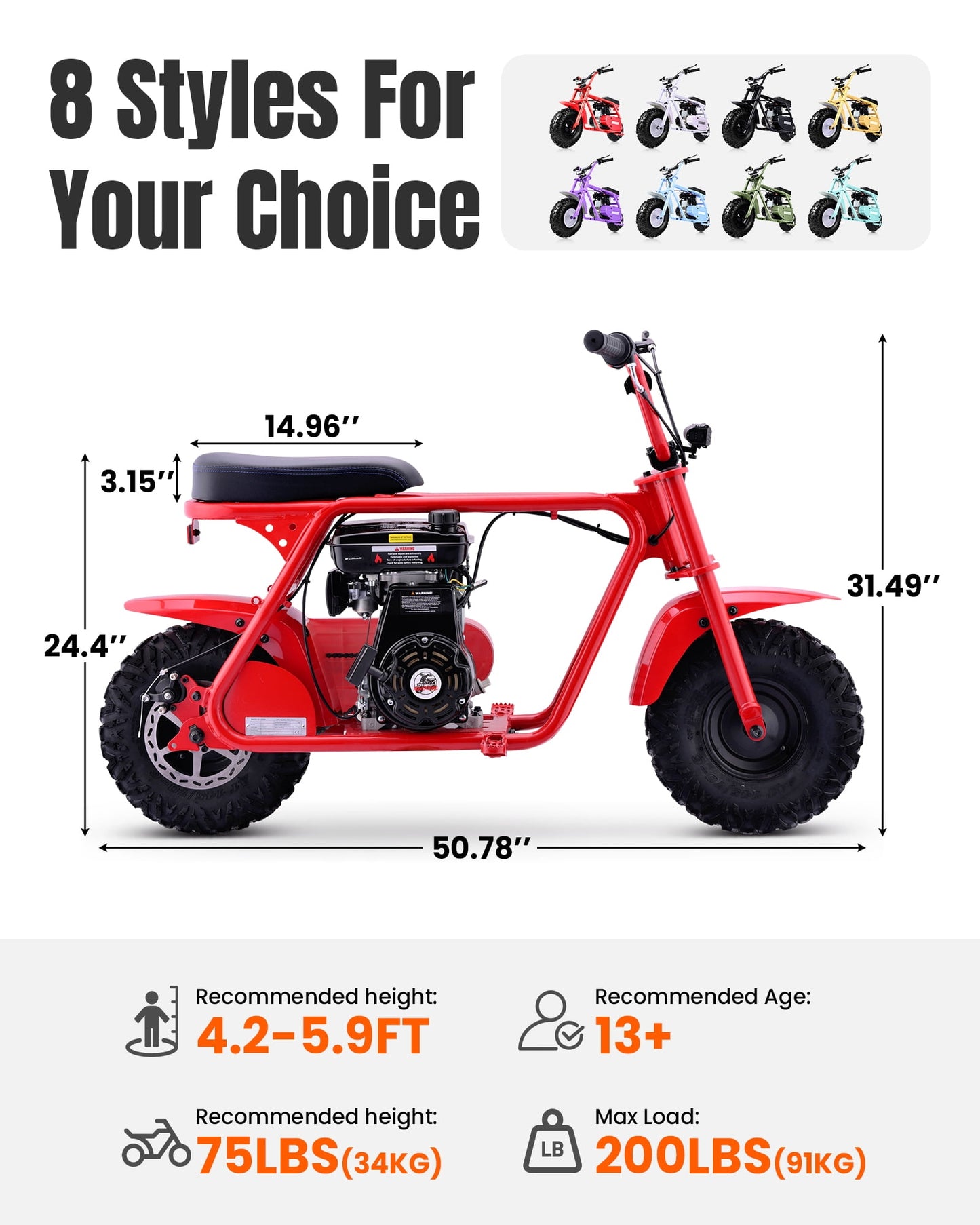 QEASET 105cc Gas Mini Dirt Bike, 4-Stroke 3HP Engine, Off-Road Ride-On Mini Bike, Ages 16+, Top Speed 25 mph, 200 lb Capacity, Red