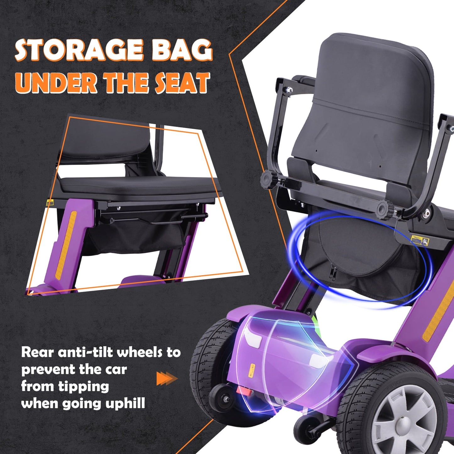 4 Wheels Mobility Scooter for Adults & Senior, Foldable Lightweight Powered Device for Travel, with LED Strip Light, Storage Bag, Charger Included, No Assemble Required (Purple)