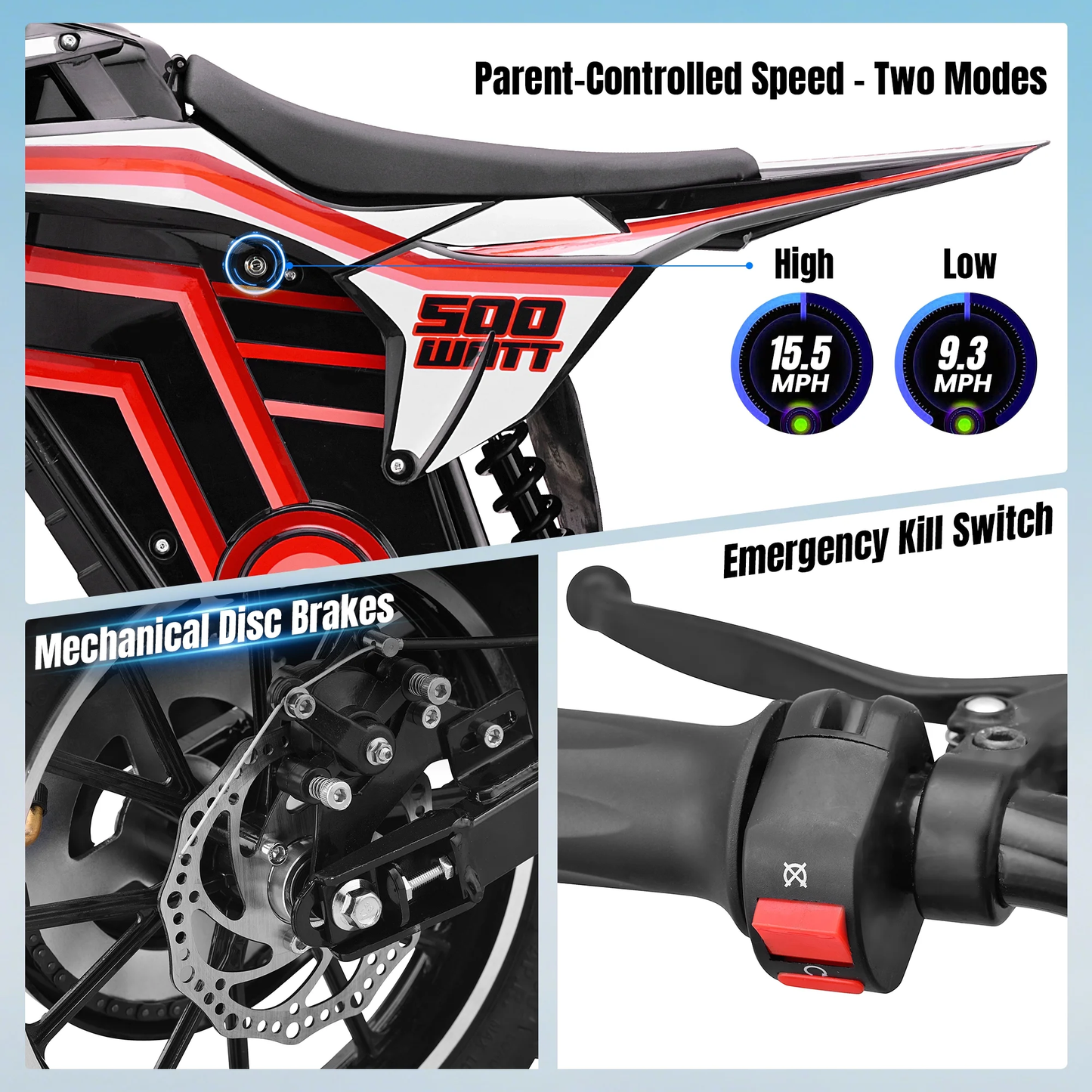Aoemoe Motorcycle, Motorized Dirt Bikes for kids 8-14, 36V 500W – 15 MPH Top Speed, Dual Suspension, Red