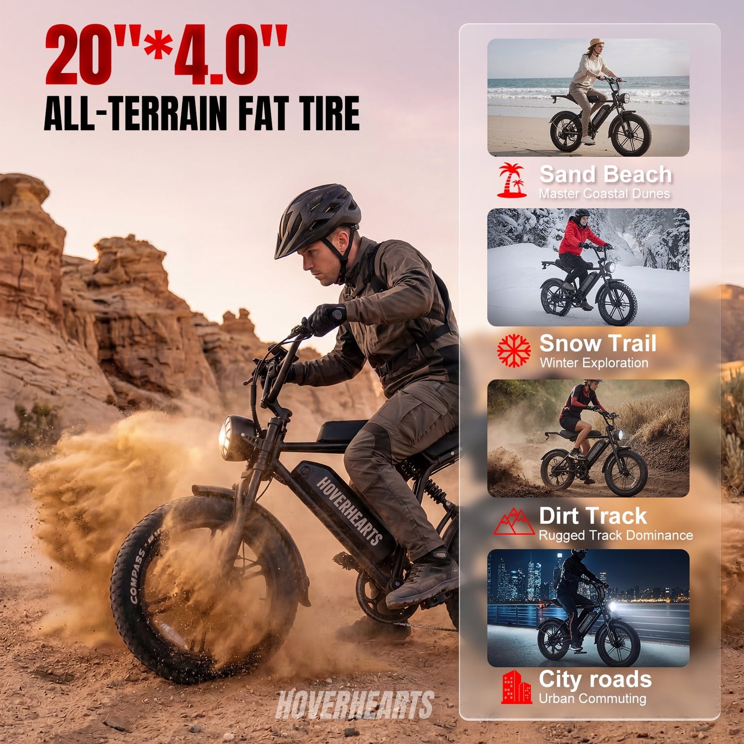 HOVER HEART Electric Mountain Bike for Adults, 48V 15Ah Electric Dirt Bike with 20" Fat Tire for Off Road Ebike UL2849