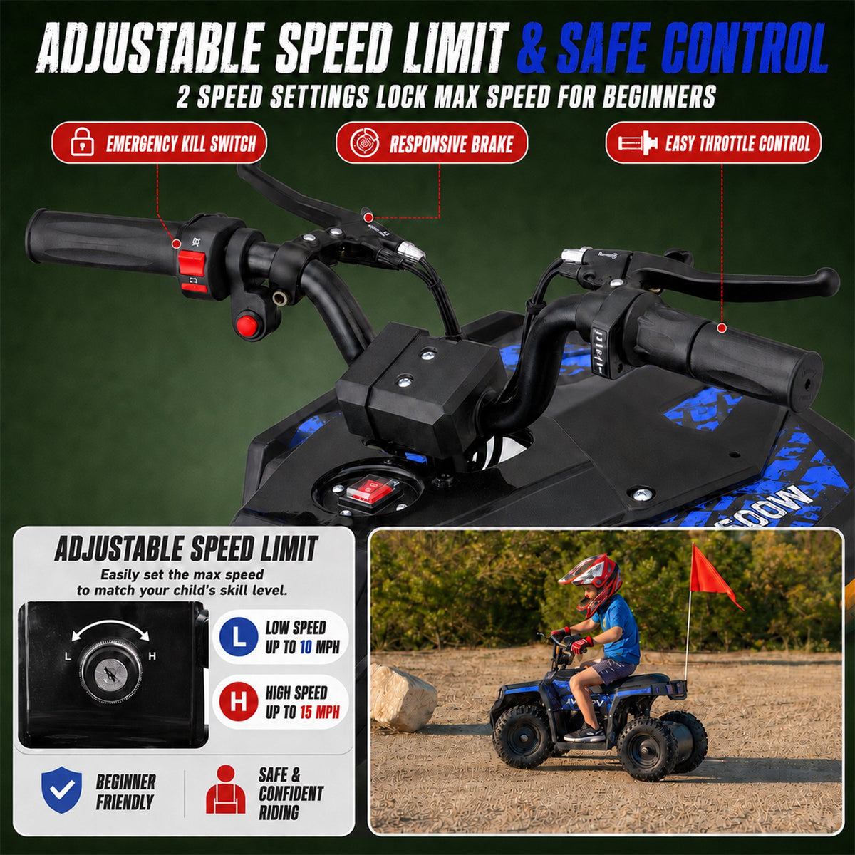 36V Electric 500W Motor 4-Wheeler with Front & Rear Suspension, IVFJFV Electric 4-wheel Off-Road Tires & Safety Flag & LED Headlights,Power Ride on Car for 13+