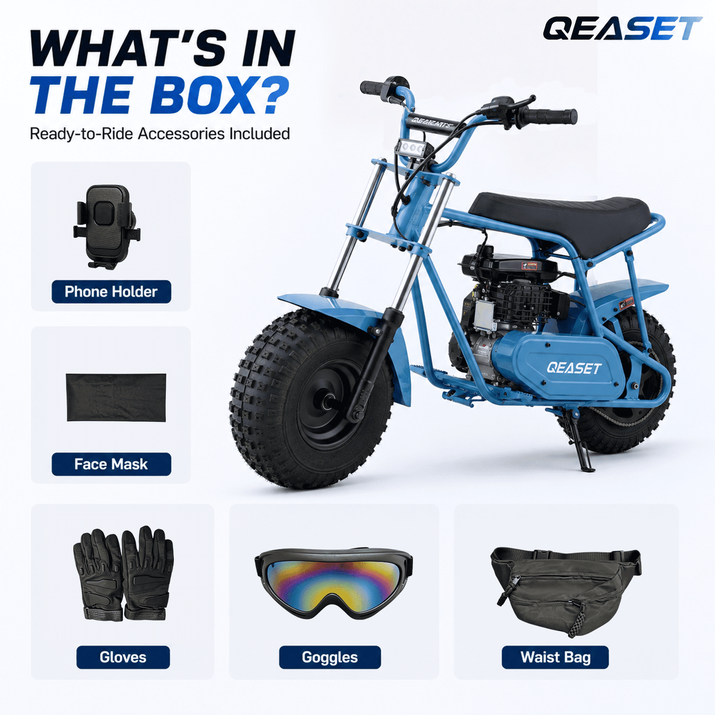 QEASET 105CC 4-Stroke Mini Bike with Shock Absorption, Off-Road Motorcycle, Blue