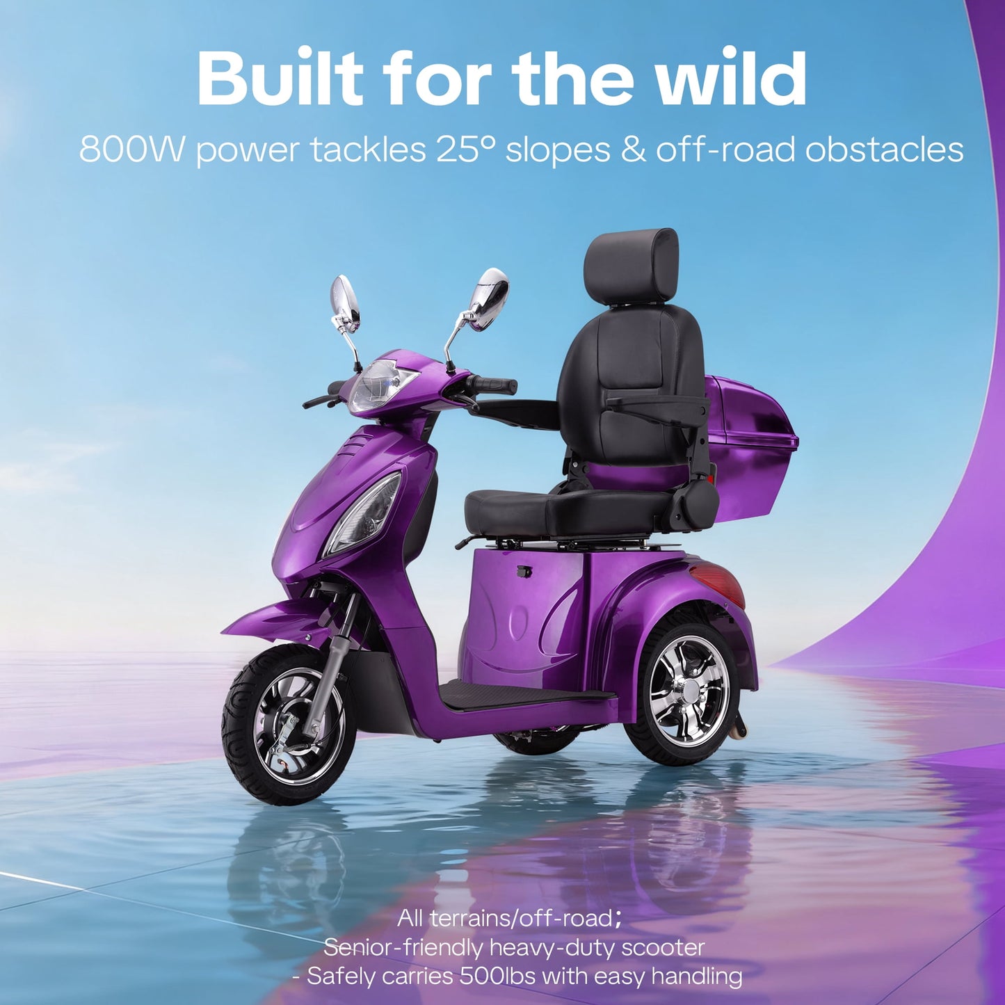 Arshin 3-Wheel Mobility Scooter for Seniors–500 lb Capacity,800W Motor,31-Mile Long Range,15 MPH Top Speed,Premium Comfort Seat,Rear Trunk,No Assembly(Purple)