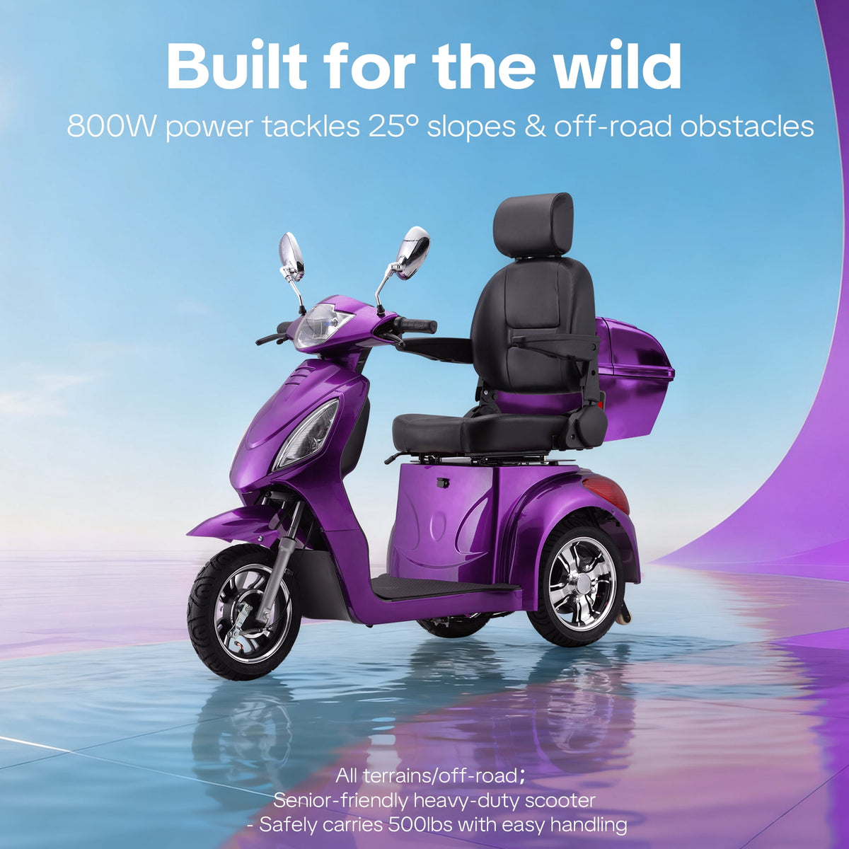 Ostrina Upgrade Heavy Duty 3 Wheel Mobility Scooter for Seniors & Adults 500lbs Capacity,Electric Powered Wheelchair Device for Travel,800W All Terrain Mobility Scooter,31 Miles Range,7-15 Mph(Purple)