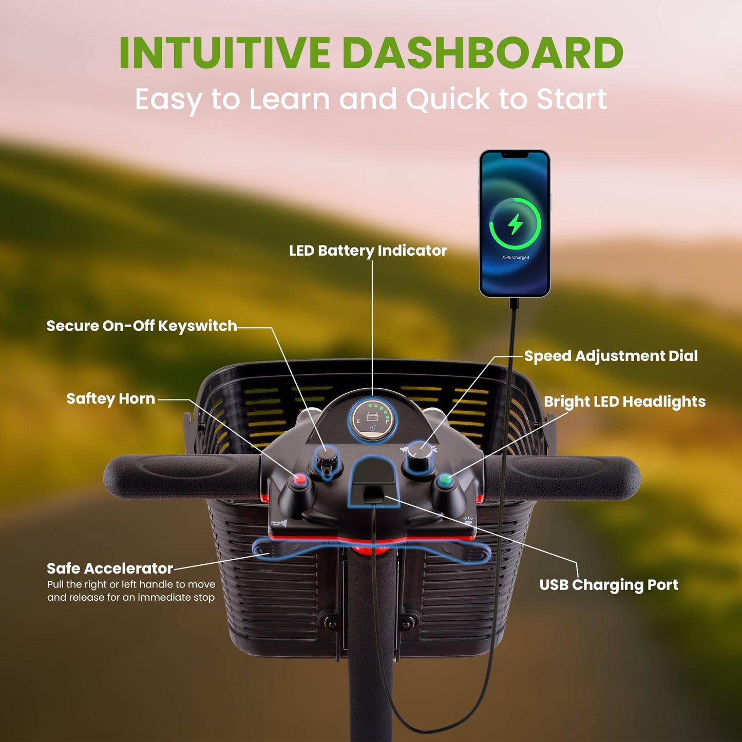 Mosta Adult, Senior Mobility Scooter, 4-wheel Electric Rechargeable Travel Device with LED Headlight and Basket, Including Charger, Red
