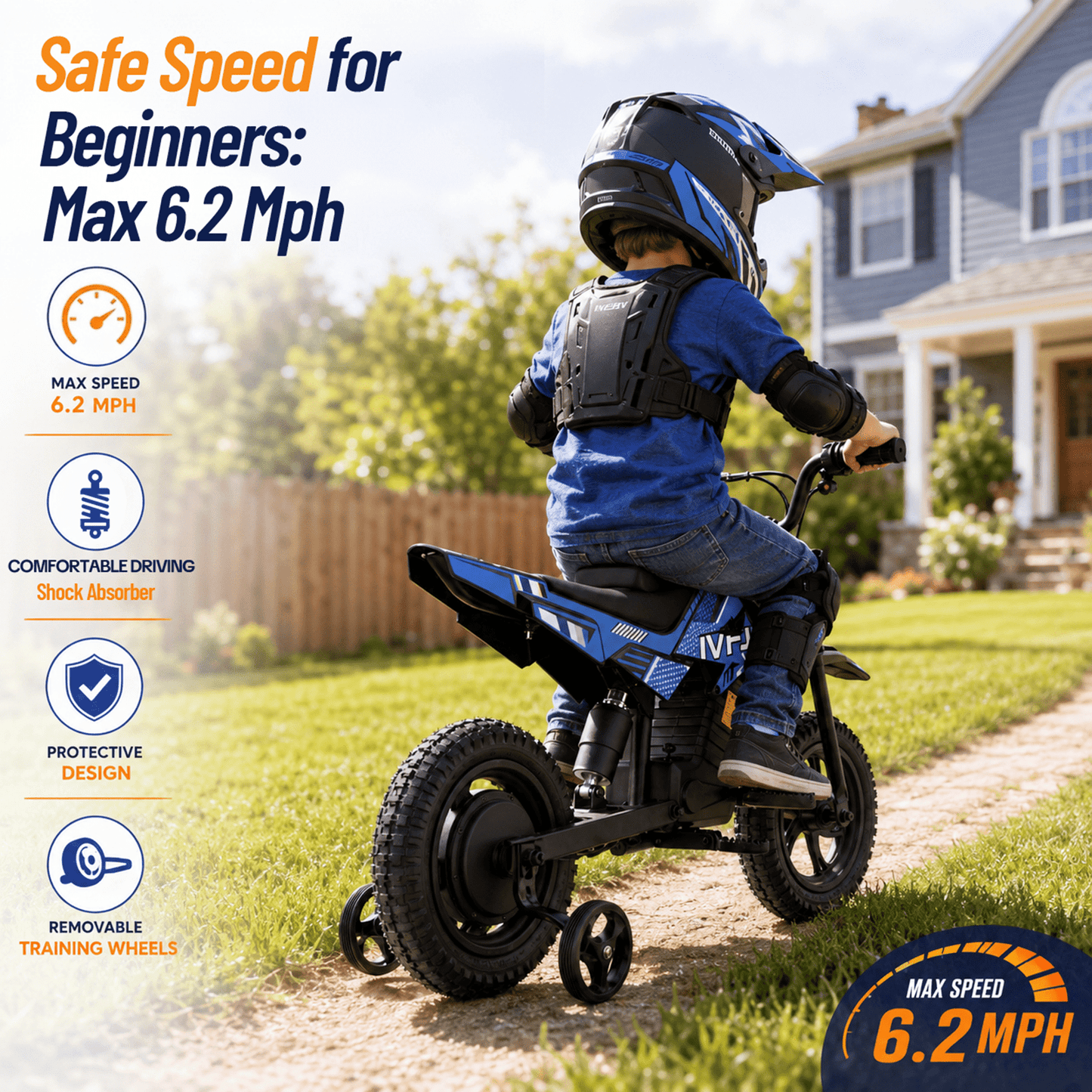 IVFJFV DZ06 Electric-Powered Dirt Bike,Motor Bike Rear-wheel drive with Removable Training Wheels,E Dirt Bike with 12.5" Tire & 120W Motor,6.2 Mph & 4.3 Miles,BLUE
