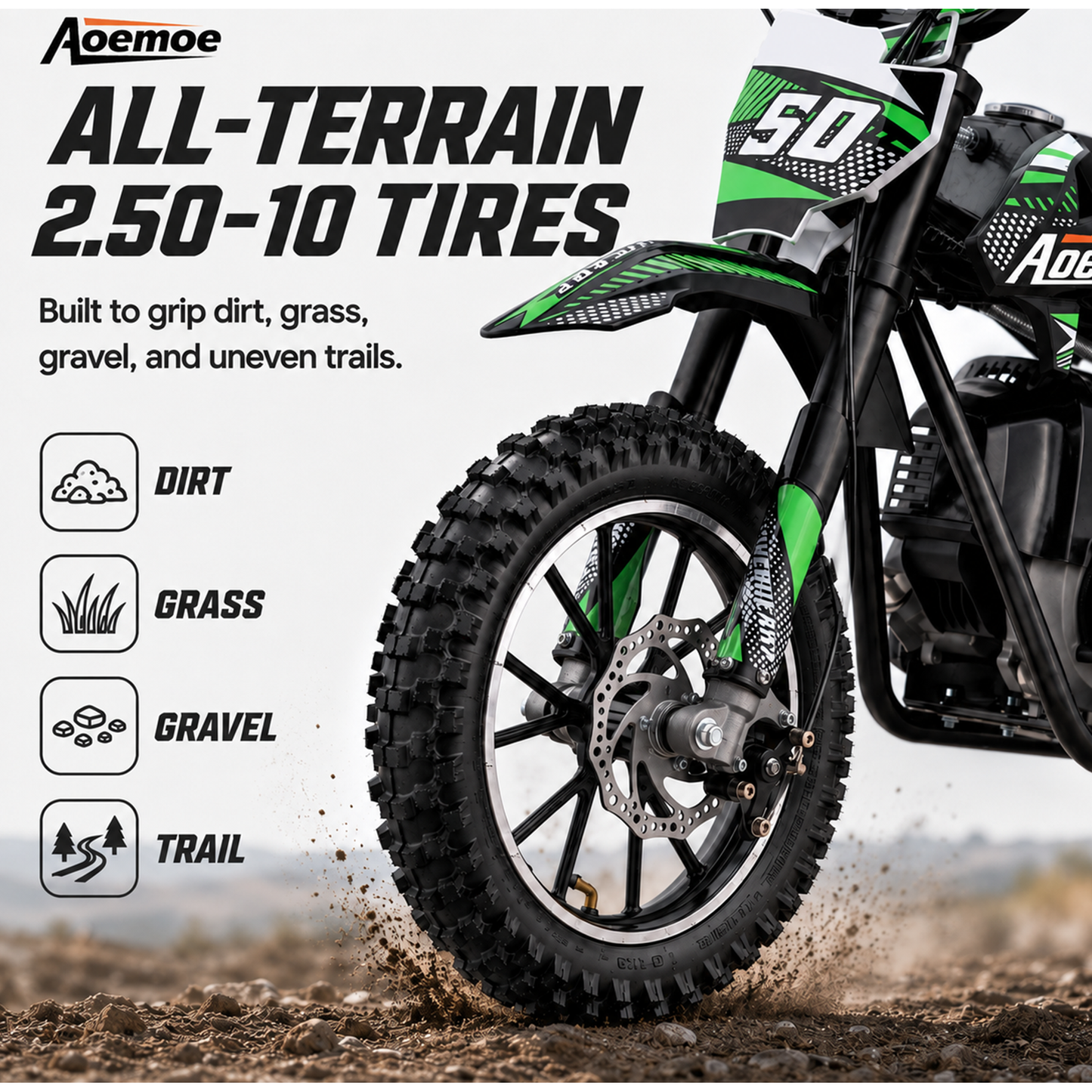 Aoemoe 39cc motor bike, 20mph gas dirt bikes for boys 8 12, Disc Brakes, Max Load 165Lbs, kids dirt bike, Green