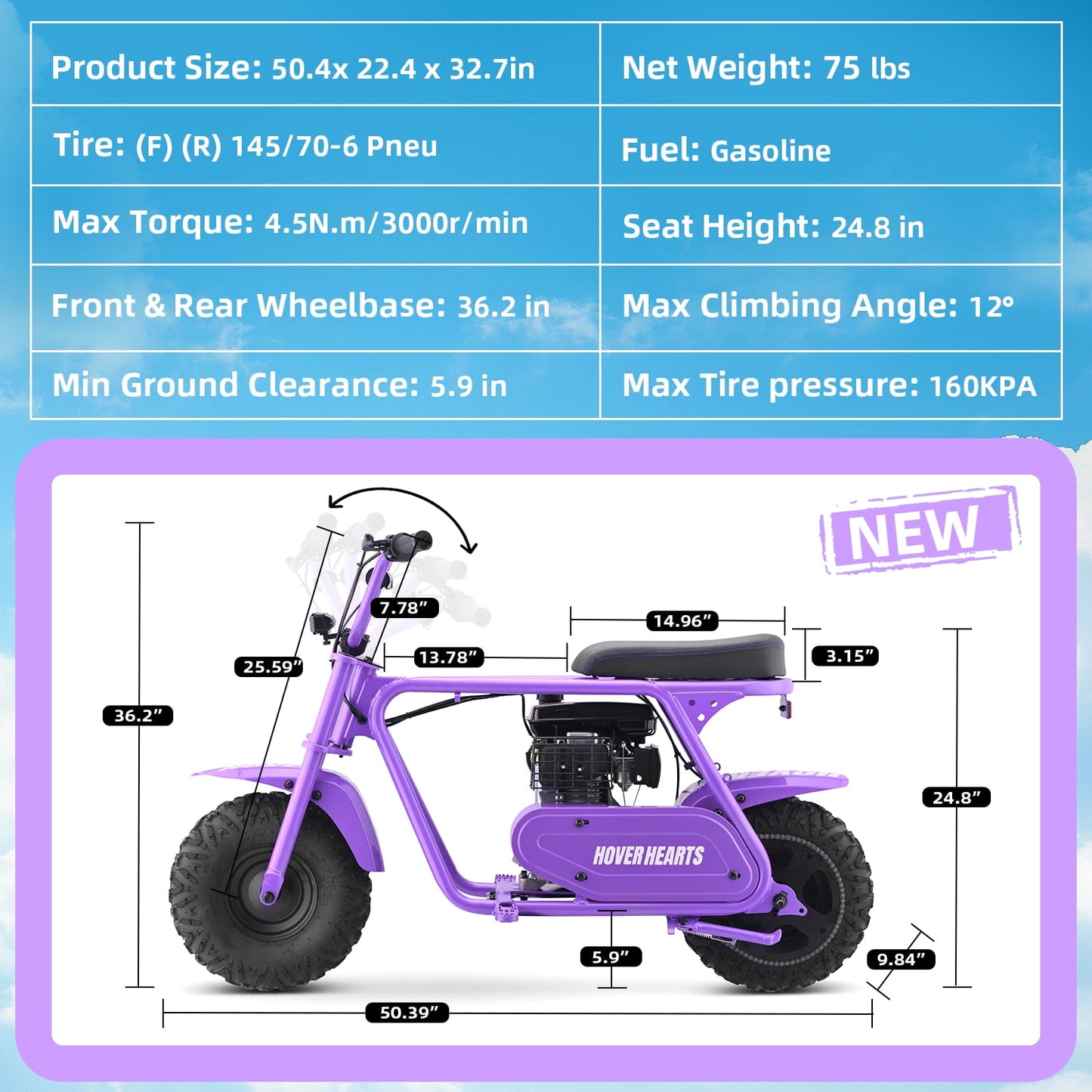HOVERHEART Gas Mountain Bike, 105cc 4-Stroke Gas Powered Off Road Motorcycle (Model-MB0001) with Led Lights, Disc Brake, Max Load 200Lbs, Up to 30Kph, NO OIL MIX REQUIRED