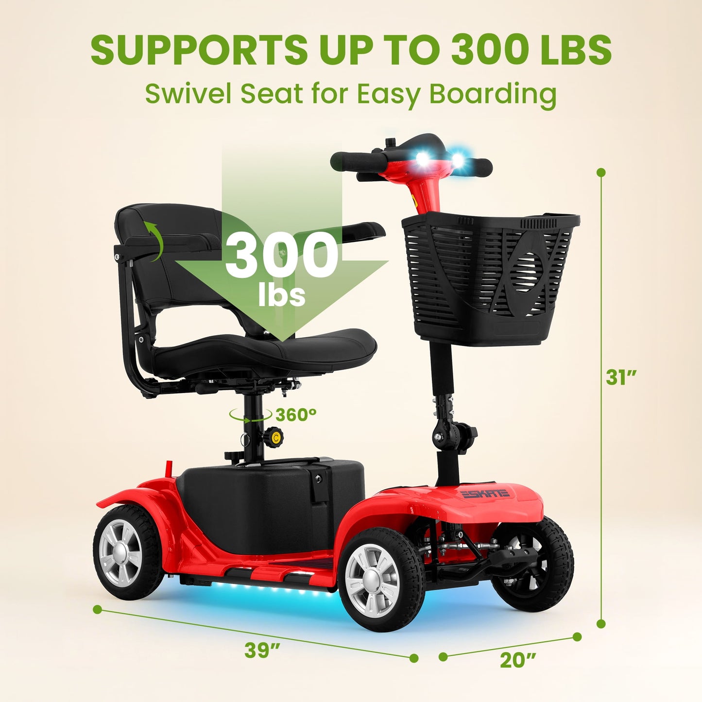 Arshin 4 Wheels Mobility Scooter with USB Port for Seniors,Electric Folding Wheelchair Device for Travel,Red