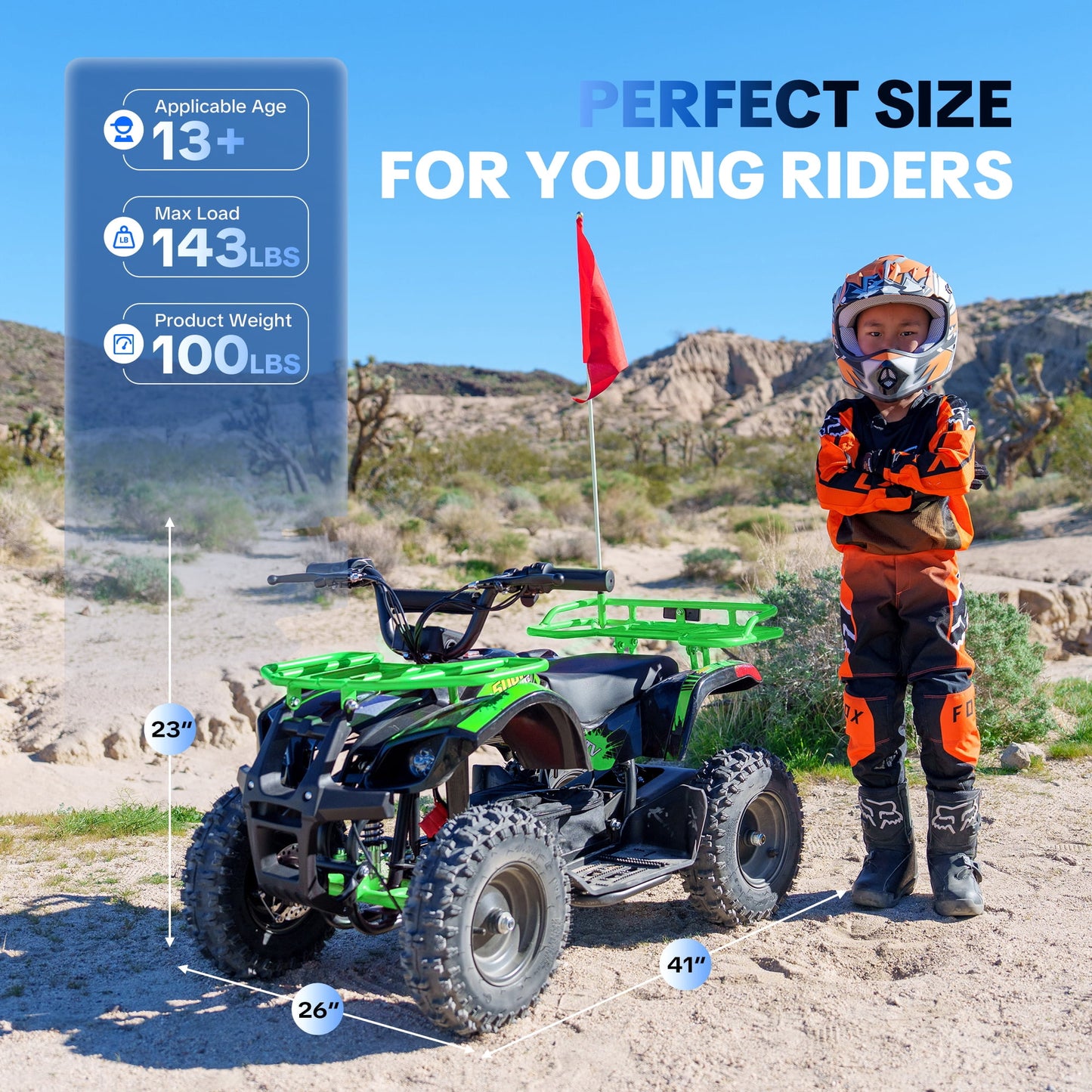 Electric 4 Wheeler,IVFJFV Dual Speed 10-15 MPH 4 Wheel with Parental Safety Key, 15 Miles Max Range,36V Ride on Car with Front & Rear Suspension & 10 Inch All-Terrain Wheels for Trail,Green