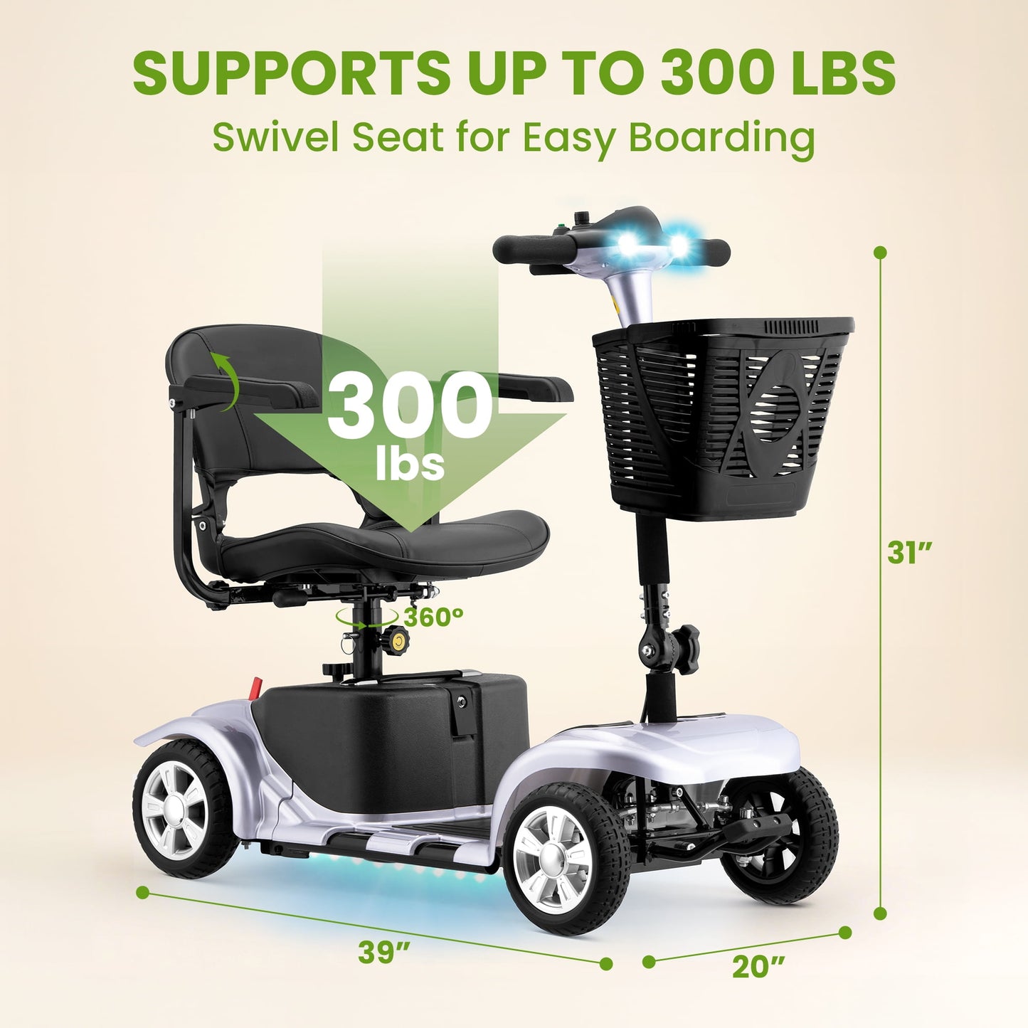 4 Wheels Mobility Scooter for Adults, Senior Electric Powered Chargeable Device for Travel, Lightweight and Portable, with LED Headlights and Basket, Charger Included (Silver)