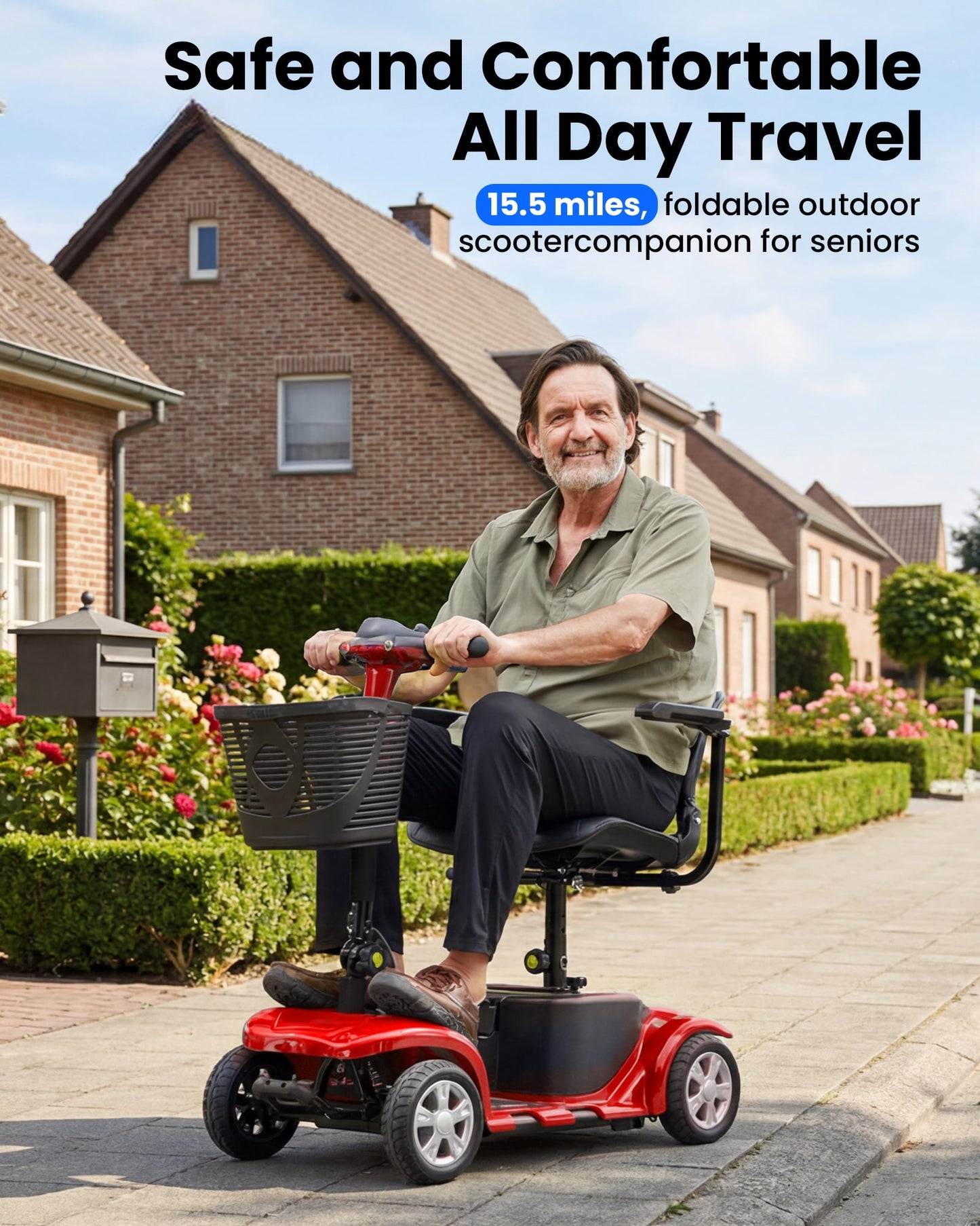 4 Wheels Mobility Scooter for Adults, Senior Electric Powered Chargeable Device for Travel, Lightweight and Portable, with LED Headlights and Basket, Charger Included (Red)