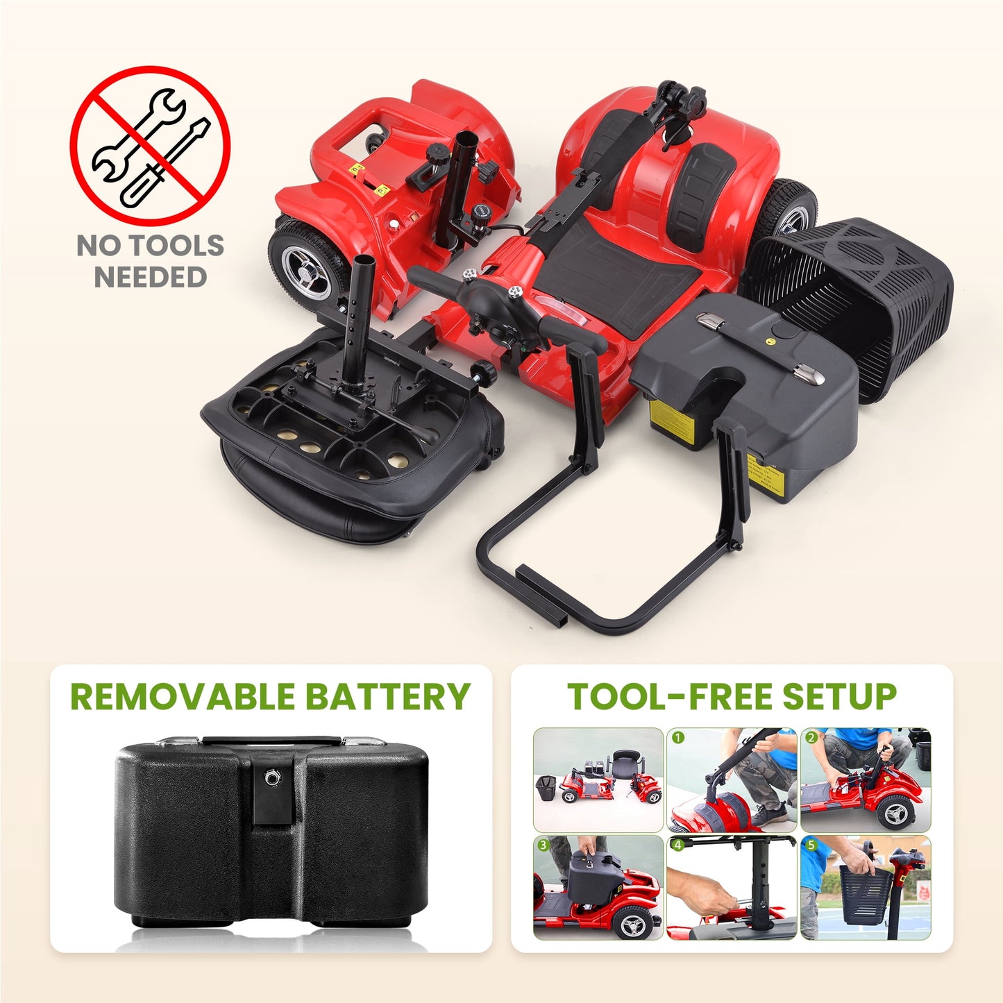 Aoemoe 4 Wheel Mobility Scooter for Seniors, Foldable Powered Mobile Wheelchair for Adult 300lbs, Red