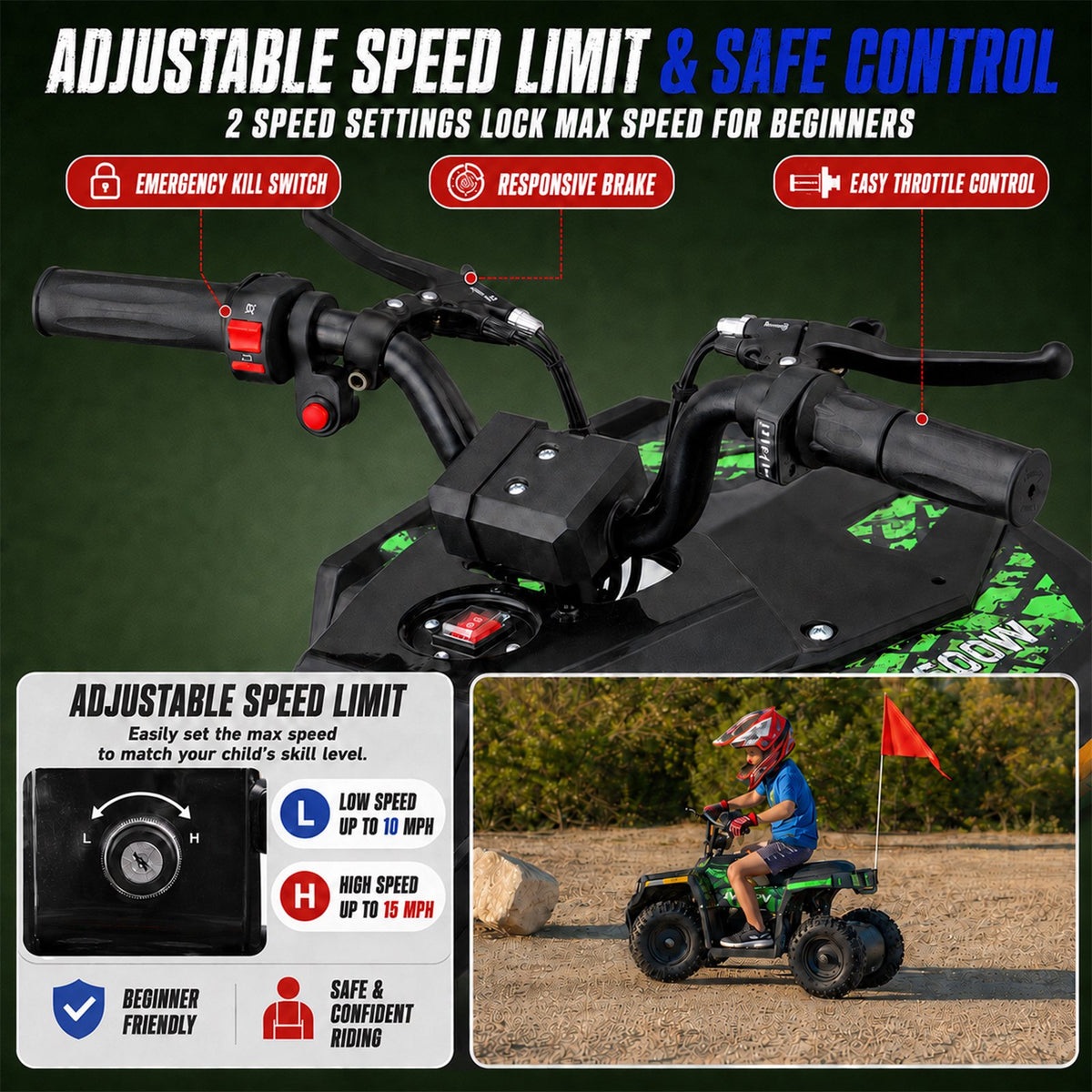 36V Electric 500W Motor 4-Wheeler with Front & Rear Suspension, IVFJFV Electric 4-wheel Off-Road Tires & Safety Flag & LED Headlights,Power Ride on Car for Age 6+