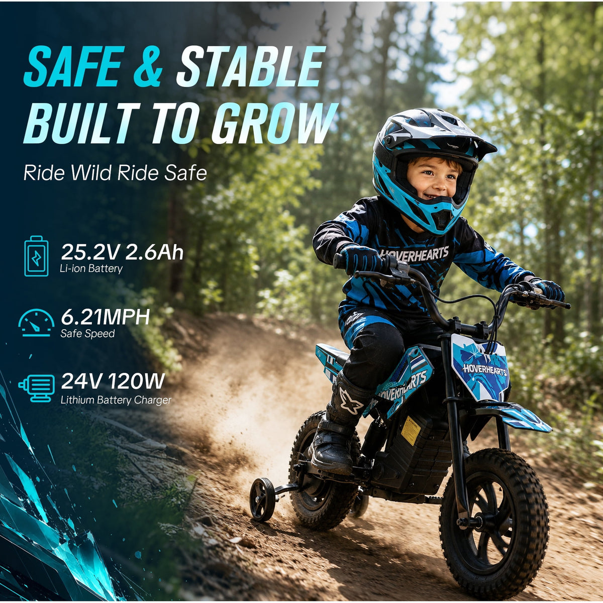 Aoemoe Electric Ride On Mini Bike for Beginners, 25.2V 2.6Ah Battery, Training Wheels & Rear Shock, 6.2 MPH Max Speed, All-Terrain Outdoor Toy, Red