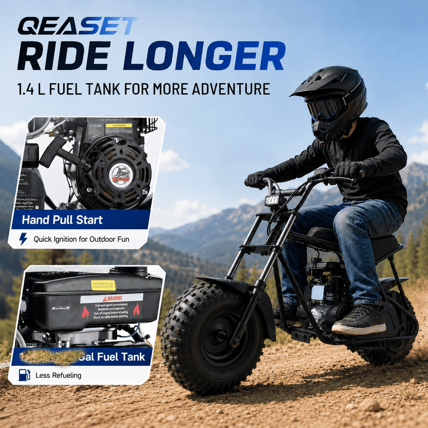 QEASET 105CC 4-Stroke Mini Bike with Shock Absorption, Off-Road Motorcycle, Black