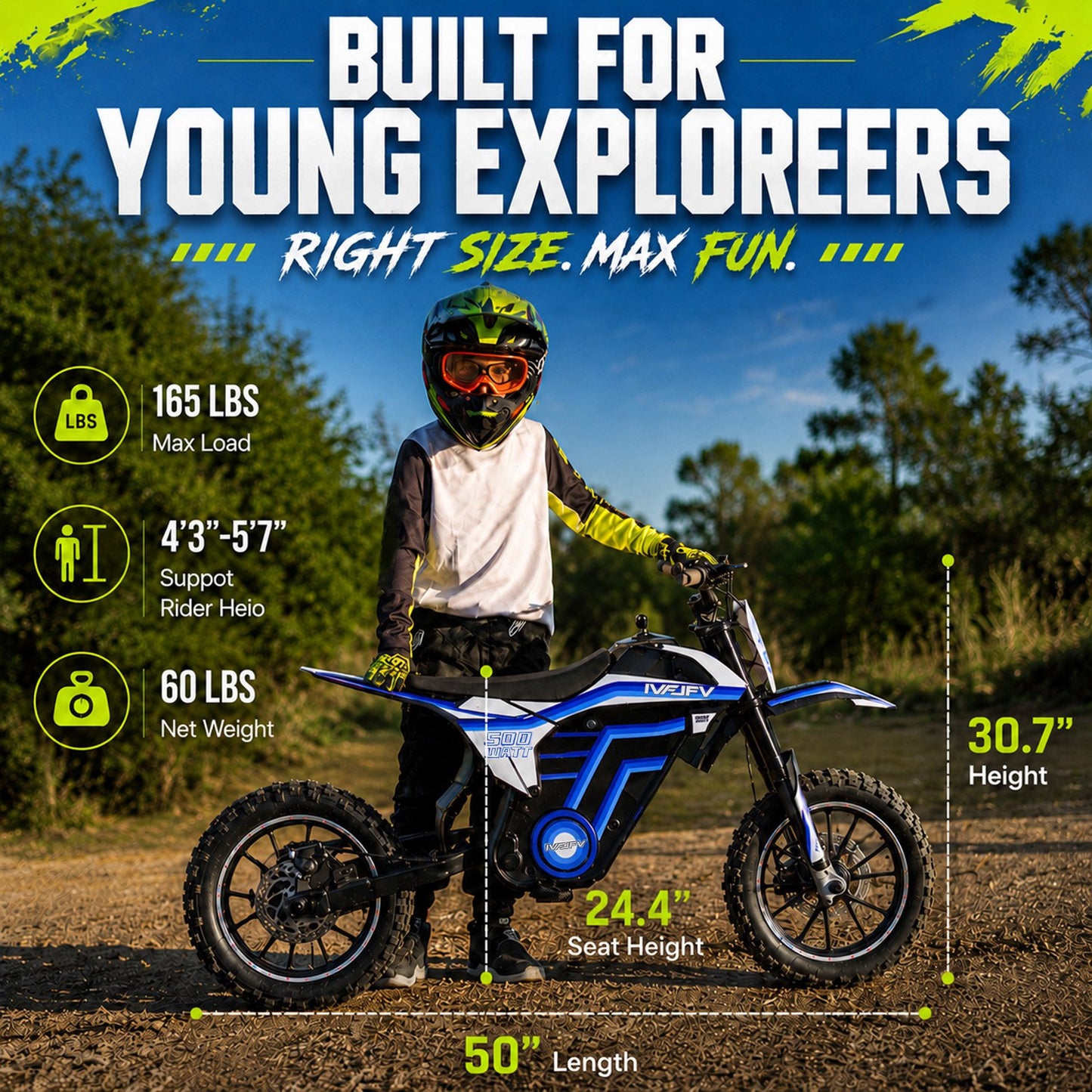 IVFJFV 500W Electric Dirt Bike for Kids,Up to 17.4MPH & 23.6 Miles,Two Speed Modes, Front & Rear Suspension,Mechanical Disc Brakes, 165 LBS,Beginner-Friendly Handle, All-Terrain,BLUE