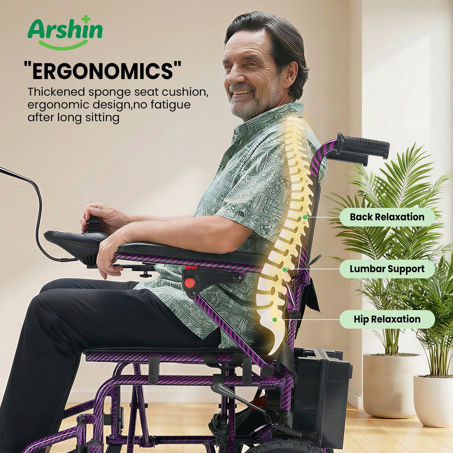 Arshin Electric Wheelchair Lightweight Foldable,20+ Miles Electric Wheelchairs for Adults,360°Joystick Motorized Wheelchair,286+ lbs Capacity,Purple