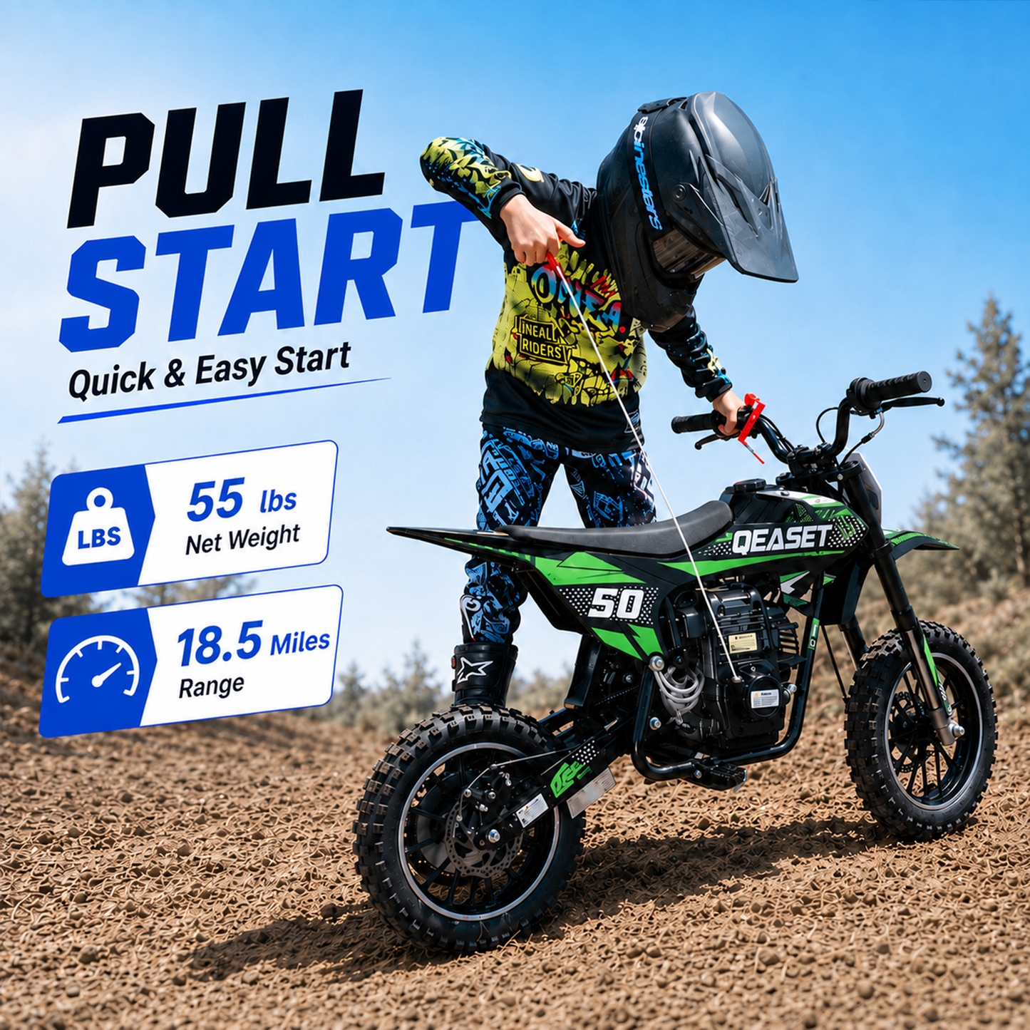 QEASET Mini Gas Powered Ride-On Motorcycle, 39CC 4-Stroke Engine with Disc Brakes, 20 MPH Top Speed, 6.3" Ground Clearance, Supports Up to 165 lbs, Minimal Assembly, Green