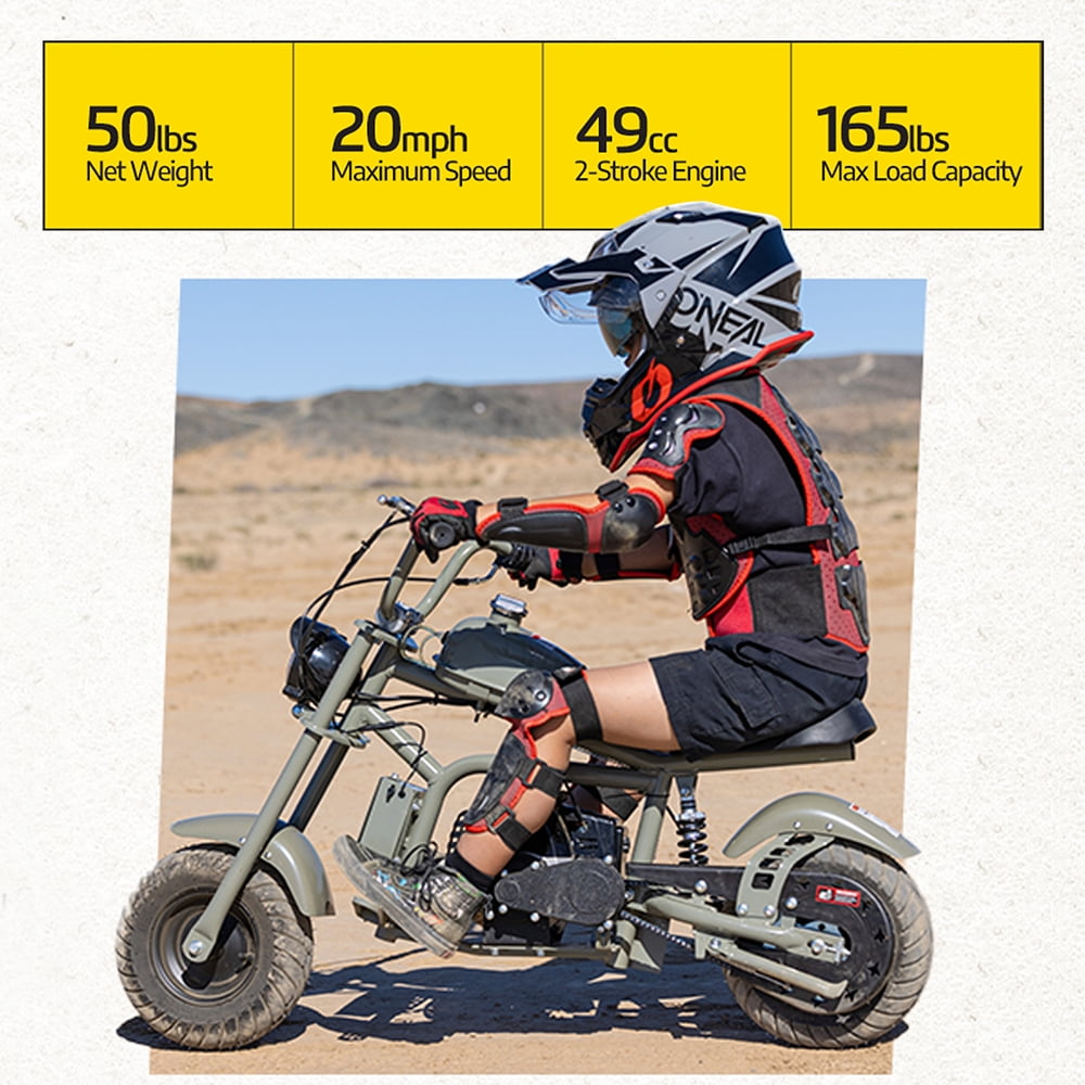 QEASET Gas Mini Chopper Bike, 40CC 4-Stroke Dirt Bike with Big Headlight, Rear Shock Absorber, Metal Frame, Disc Brakes, Max Load 165Lbs, Up to 20Mph, Gary
