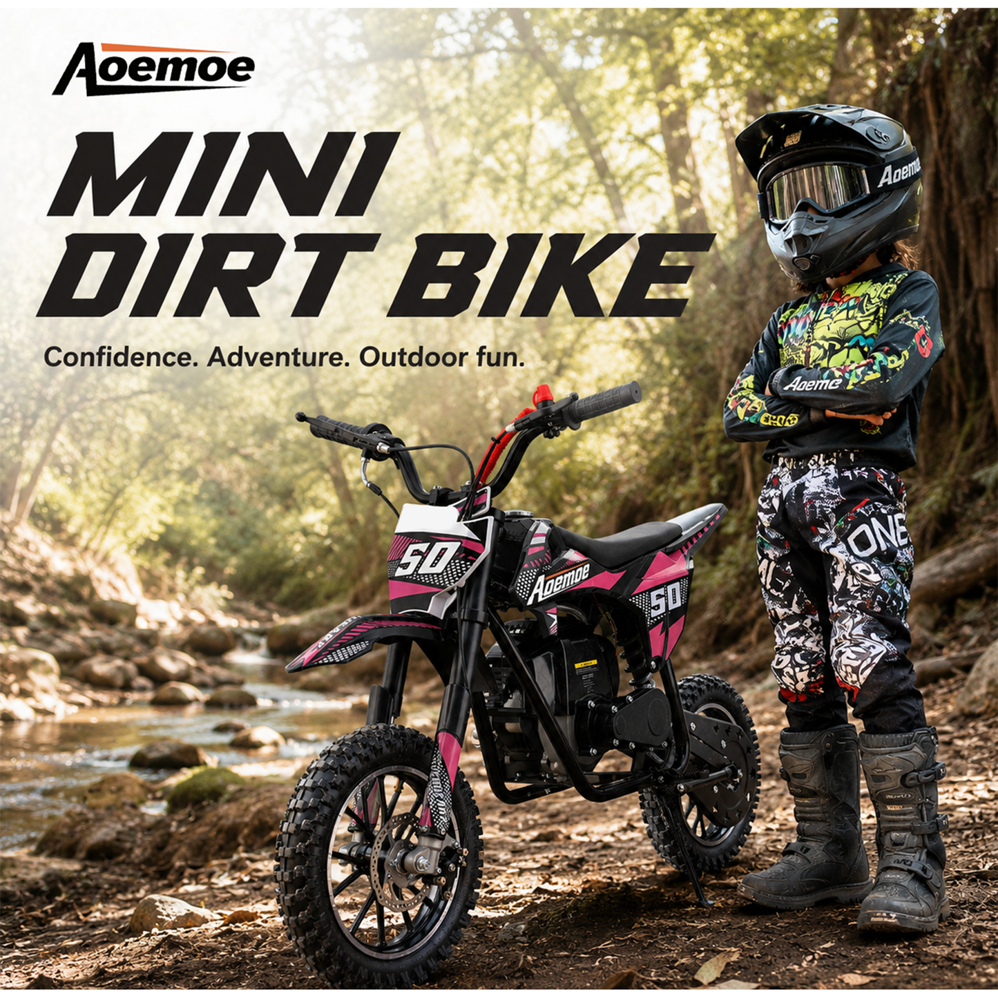 Aoemoe 39cc motor bike, 20mph gas dirt bikes for boys 8 12, Disc Brakes, Max Load 165Lbs, kids dirt bike, Pink