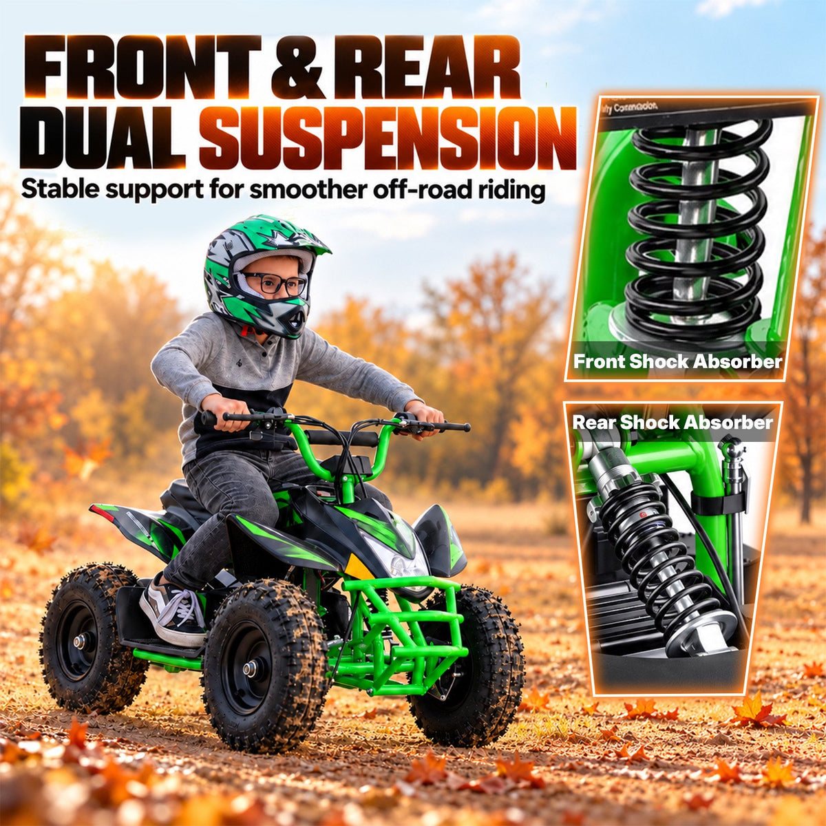 IVFJFV Powered 4 Wheeler,500W Electric 4 Wheeler with Dual Speed Adjustment,36V Four Wheeler Max 15 MPH, Front & Rear Shock Absorbers, All-Terrain Tires and Safety Disc Brake,GREEN