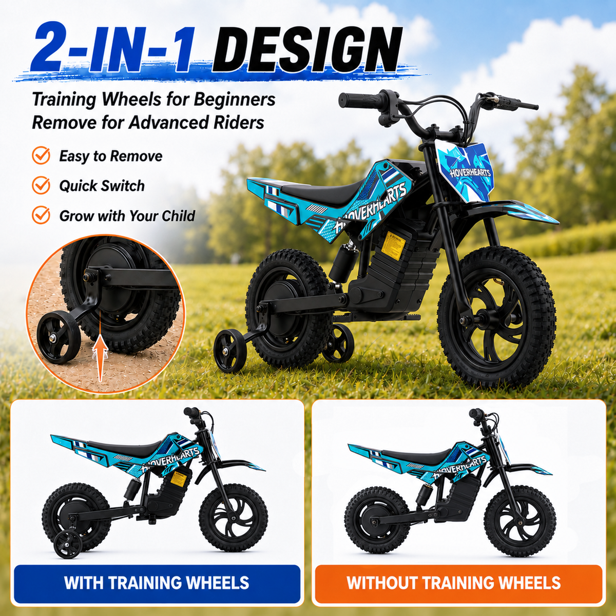 Aoemoe Electric Ride On Mini Bike for Beginners, 25.2V 2.6Ah Battery, Training Wheels & Rear Shock, 6.2 MPH Max Speed, All-Terrain Outdoor Toy, Teal Blue