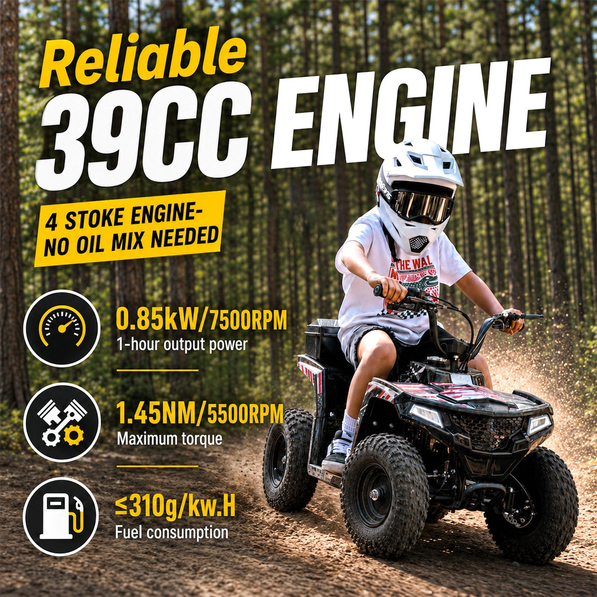 39cc Teen Gas ATV, Gas Powered 4 Wheeler for Teens 13+, 4-Stroke Beginner ATV, Up to 15 MPH, Adjustable Speed, Safety Switches, Front & Rear Brakes Flag