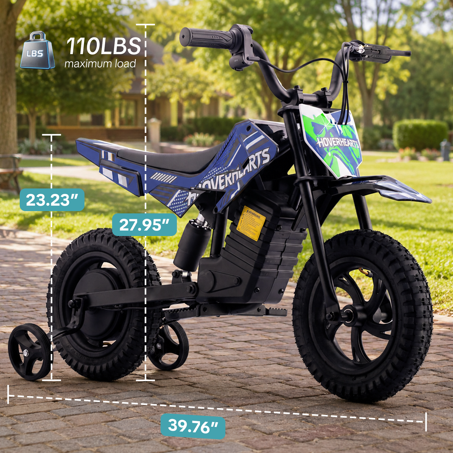 QEASET Dirt Rocket - Blue with Decals, up to 6.21 mph, 24V Electric Dirt Bike for Child 8+