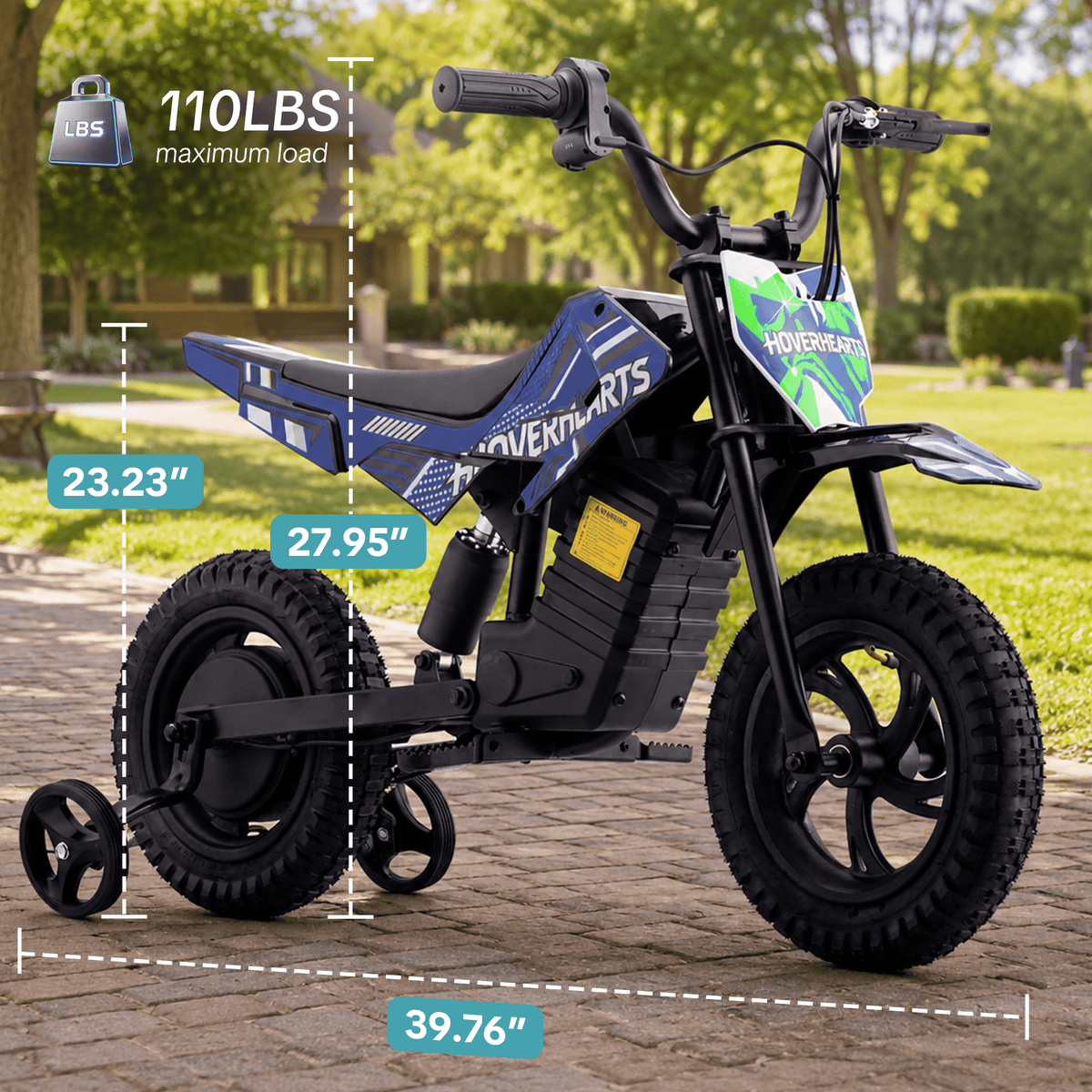 QEASET 24V Electric Mini Dirt Bike Ride-On Toy with Training Wheels, 120W Motor, 6.2 MPH Speed, Rechargeable Battery, Drum Brakes, Adjustable Seat, Outdoor Vehicle, Blue