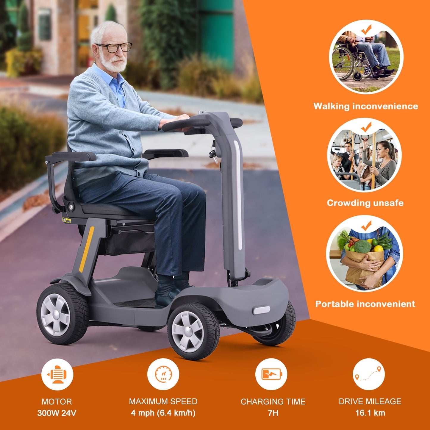 4 Wheels Mobility Scooter for Adults & Senior, Foldable Lightweight Powered Device for Travel, with LED Strip Light, Storage Bag, Charger Included, No Assemble Required (Gray)