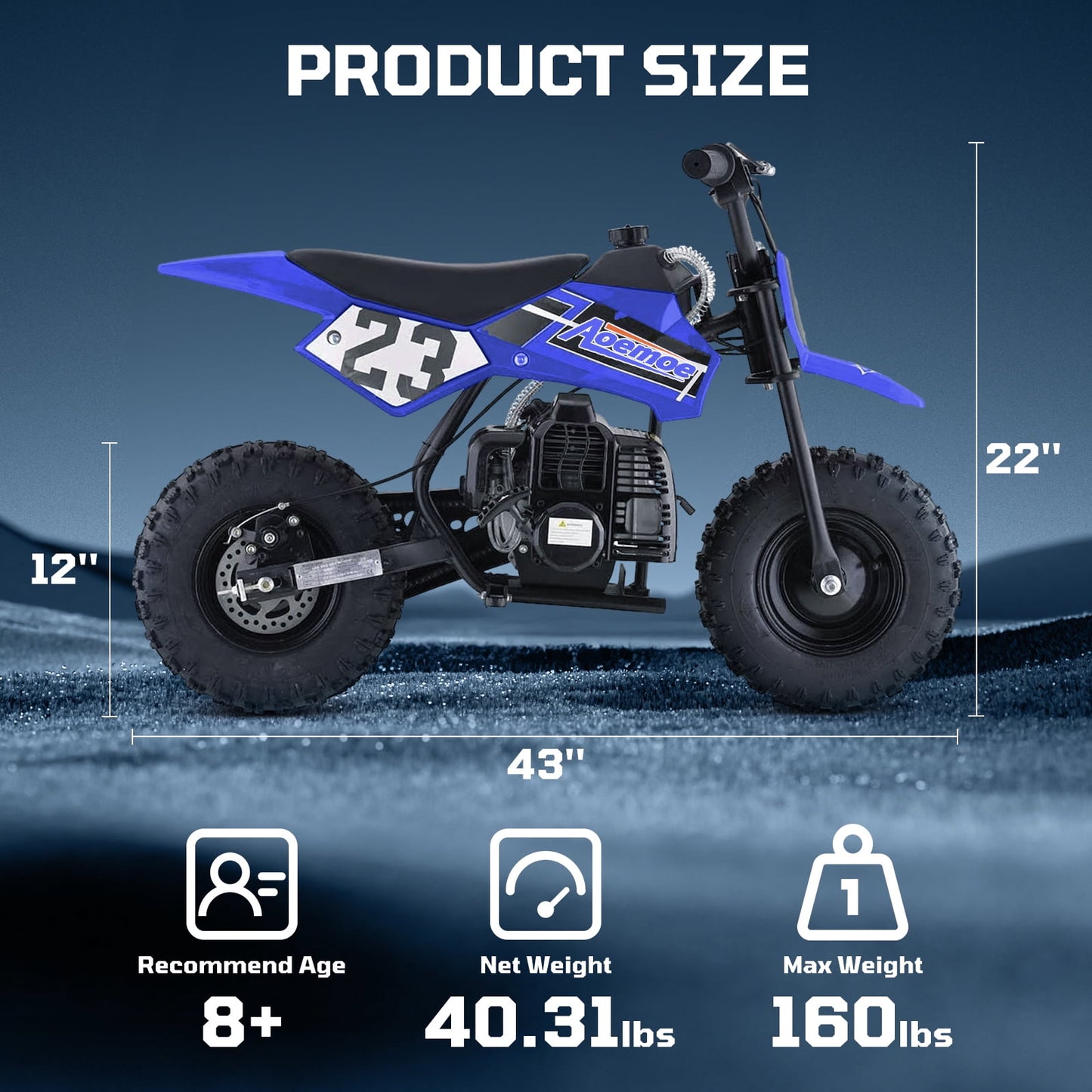 Aoemoe 49cc Kids Dirt Bike Gas Powered, Mini Off-Road Motorcycle with Suspension & Disc Brakes, 18 Mph, 160 Lbs Capacity, Blue