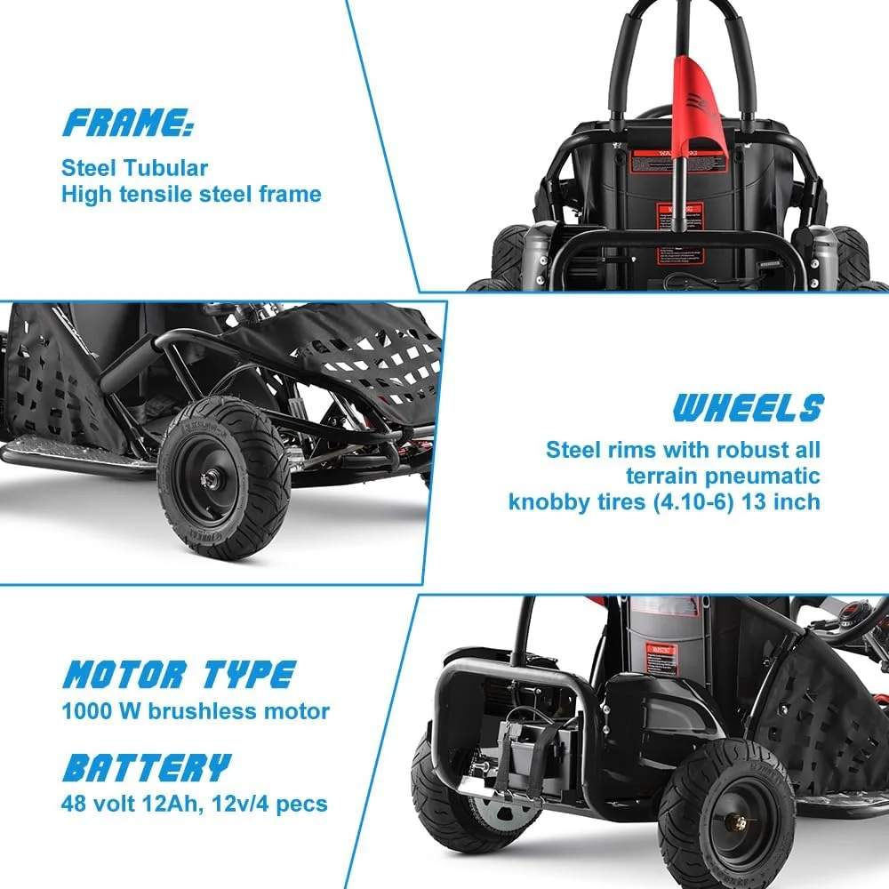 QEASET Electric Go Kart, 48V Powered Ride On Car with Steel Tubular Frame, Seat Belt, 13 inch All-Terrain Tires for Teens(BLACK)