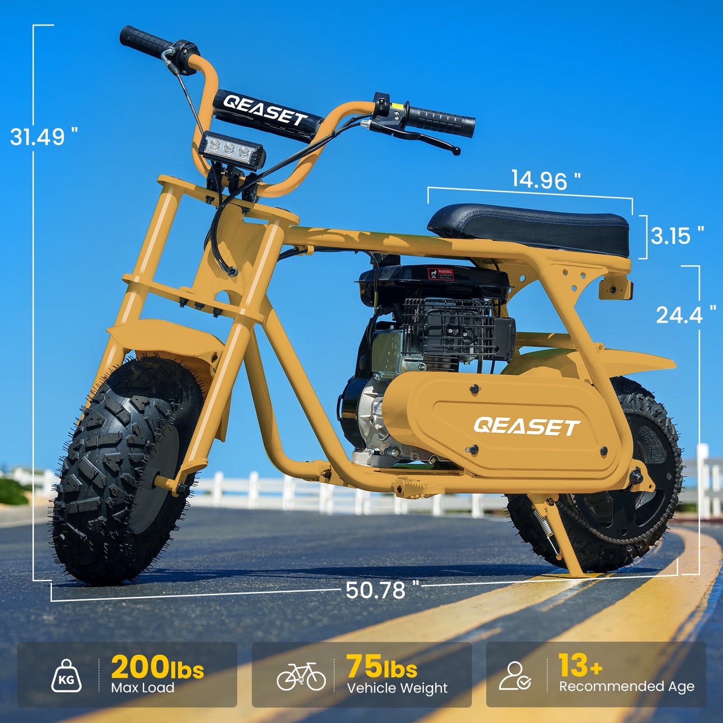 QEASET 99cc Mini Bike Gas Powered, 4-Stroke with LED Headlight, Yellow
