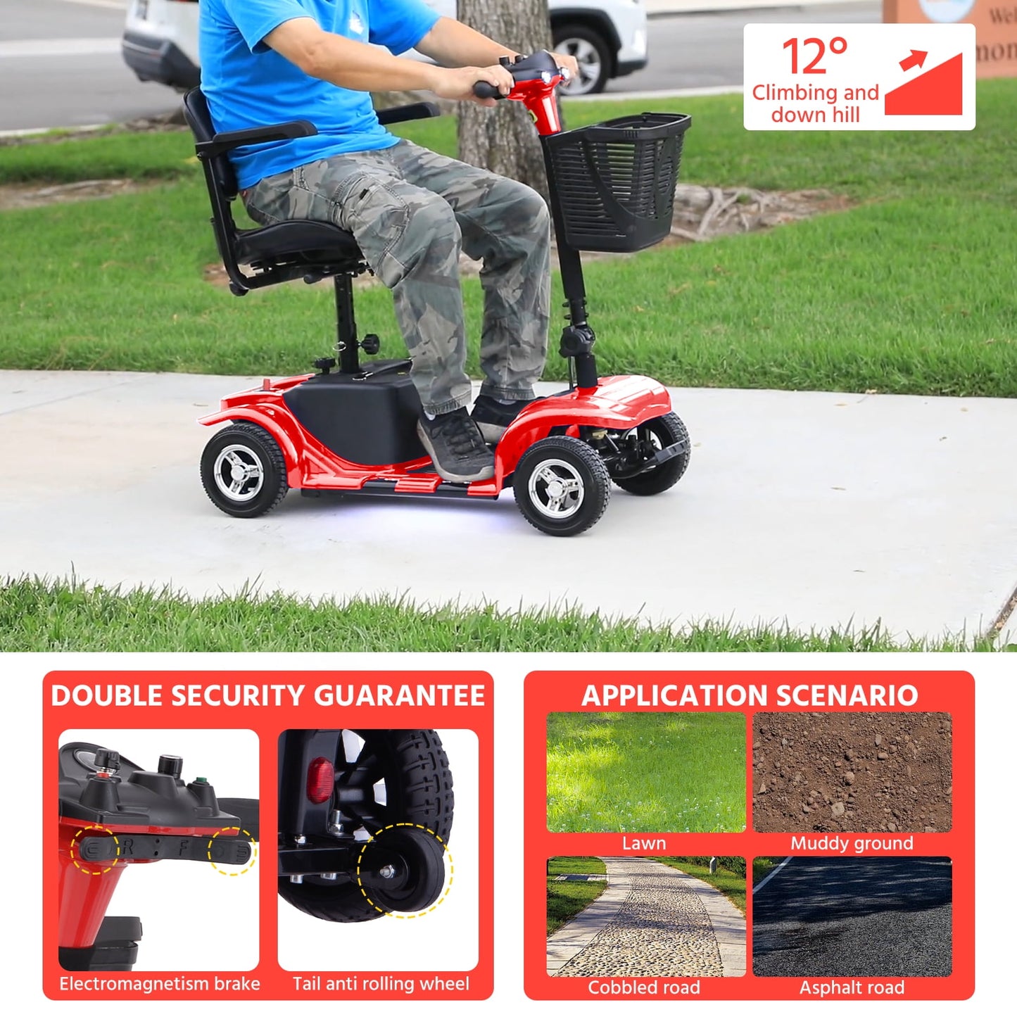 4 Wheels Mobility Scooter for Adults, Senior Electric Powered Chargeable Device for Travel, Lightweight and Portable, with LED Headlights and Basket, Charger Included (Red)