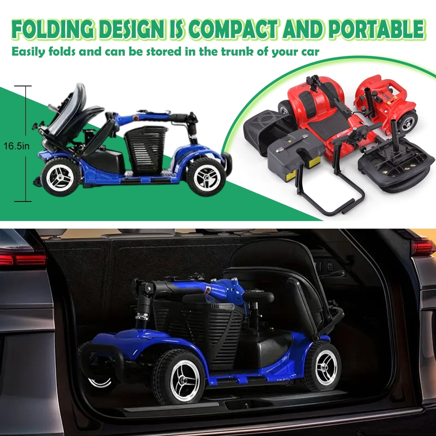 Aoemoe 4 Wheels Mobility Scooter for Adults, Senior Electric Powered Chargeable Device for Travel, Lightweight and Portable, with LED Headlights and Basket, Charger Included (Blue)