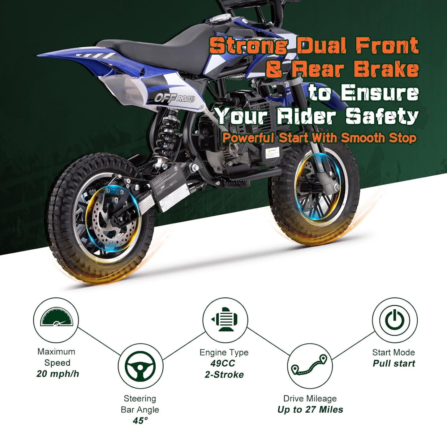 WAWA 49CC Dirt Bike, Mini Bike 2-Stroke Gas Powered off Road with Max Speed 20MPH, Pull Start